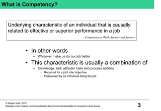 3
© Rajesh Naik, 2010
Released under Creative Commons Attribution-NonCommercial-ShareAlike 3.0 Unported License license
What is Competency?
• In other words
– Whatever make us do our job better
• This characteristic is usually a combination of
– Knowledge, skill, attitude/ traits and process abilities
• Required for a job/ role/ objective
• Possessed by an individual doing the job
Underlying characteristic of an individual that is causally
related to effective or superior performance in a job
-Competence at Work, Spencer and Spencer
 