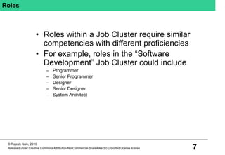 7
© Rajesh Naik, 2010
Released under Creative Commons Attribution-NonCommercial-ShareAlike 3.0 Unported License license
Roles
• Roles within a Job Cluster require similar
competencies with different proficiencies
• For example, roles in the “Software
Development” Job Cluster could include
– Programmer
– Senior Programmer
– Designer
– Senior Designer
– System Architect
 