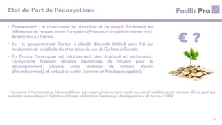 Etat de l’art de l’écosystème
• Financement : la concurrence est mondiale et on perçoit facilement les
différences de moyens entre Européens (Français n’en parlons même pas),
Américains ou Chinois.
• Ex : le gouvernement Coréen a décidé d’investir 800M$ dans l’IA au
lendemain de la défaite du champion de jeu de Go face à Google.
• En France l’amorçage est relativement bien structuré et performant,
l’écosystème financier réclame davantage de moyens pour le
développement (dizaine voire centaine de millions d’euro
d’investissement) et surtout de sortie (comme un Nasdaq européen).
11
 La course à l’armement ne fait que débuter. Les moyens privés ou semi-publics qui seront mobilisés seront colossaux. On ne peut que
souhaiter bonne chance à l’initiative d’Orange et Deutsche Telekom qui développent leur AI face aux GAFA.
€ ?
 