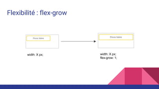 Flexibilité : flex-grow
width: X px; width: X px;
flex-grow: 1;
 