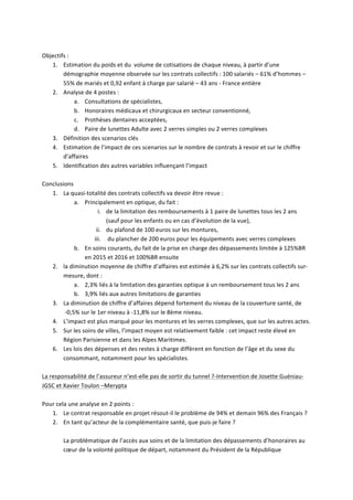  
Objectifs	
  :	
  	
  
1. Estimation	
  du	
  poids	
  et	
  du	
  	
  volume	
  de	
  cotisations	
  de	
  chaque	
  niveau,	
  à	
  partir	
  d’une	
  
démographie	
  moyenne	
  observée	
  sur	
  les	
  contrats	
  collectifs	
  :	
  100	
  salariés	
  –	
  61%	
  d’hommes	
  –	
  
55%	
  de	
  mariés	
  et	
  0,92	
  enfant	
  à	
  charge	
  par	
  salarié	
  –	
  43	
  ans	
  -­‐	
  France	
  entière	
  
2. Analyse	
  de	
  4	
  postes	
  :	
  	
  
a. Consultations	
  de	
  spécialistes,	
  	
  
b. Honoraires	
  médicaux	
  et	
  chirurgicaux	
  en	
  secteur	
  conventionné,	
  	
  
c. Prothèses	
  dentaires	
  acceptées,	
  	
  
d. Paire	
  de	
  lunettes	
  Adulte	
  avec	
  2	
  verres	
  simples	
  ou	
  2	
  verres	
  complexes	
  
3. Définition	
  des	
  scenarios	
  clés	
  
4. Estimation	
  de	
  l’impact	
  de	
  ces	
  scenarios	
  sur	
  le	
  nombre	
  de	
  contrats	
  à	
  revoir	
  et	
  sur	
  le	
  chiffre	
  
d’affaires	
  
5. Identification	
  des	
  autres	
  variables	
  influençant	
  l’impact	
  
	
  
Conclusions	
  	
  
1. La	
  quasi-­‐totalité	
  des	
  contrats	
  collectifs	
  va	
  devoir	
  être	
  revue	
  :	
  	
  
a. Principalement	
  en	
  optique,	
  du	
  fait	
  :	
  
i. de	
  la	
  limitation	
  des	
  remboursements	
  à	
  1	
  paire	
  de	
  lunettes	
  tous	
  les	
  2	
  ans	
  
(sauf	
  pour	
  les	
  enfants	
  ou	
  en	
  cas	
  d’évolution	
  de	
  la	
  vue),	
  	
  	
  
ii. du	
  plafond	
  de	
  100	
  euros	
  sur	
  les	
  montures,	
  
iii. 	
  du	
  plancher	
  de	
  200	
  euros	
  pour	
  les	
  équipements	
  avec	
  verres	
  complexes	
  
b. En	
  soins	
  courants,	
  du	
  fait	
  de	
  la	
  prise	
  en	
  charge	
  des	
  dépassements	
  limitée	
  à	
  125%BR	
  
en	
  2015	
  et	
  2016	
  et	
  100%BR	
  ensuite	
  
2. la	
  diminution	
  moyenne	
  de	
  chiffre	
  d’affaires	
  est	
  estimée	
  à	
  6,2%	
  sur	
  les	
  contrats	
  collectifs	
  sur-­‐
mesure,	
  dont	
  :	
  	
  
a. 2,3%	
  liés	
  à	
  la	
  limitation	
  des	
  garanties	
  optique	
  à	
  un	
  remboursement	
  tous	
  les	
  2	
  ans	
  
b. 3,9%	
  liés	
  aux	
  autres	
  limitations	
  de	
  garanties	
  
3. La	
  diminution	
  de	
  chiffre	
  d’affaires	
  dépend	
  fortement	
  du	
  niveau	
  de	
  la	
  couverture	
  santé,	
  de	
  
	
  -­‐0,5%	
  sur	
  le	
  1er	
  niveau	
  à	
  -­‐11,8%	
  sur	
  le	
  8ème	
  niveau.	
  
4. L’impact	
  est	
  plus	
  marqué	
  pour	
  les	
  montures	
  et	
  les	
  verres	
  complexes,	
  que	
  sur	
  les	
  autres	
  actes.	
  
5. Sur	
  les	
  soins	
  de	
  villes,	
  l’impact	
  moyen	
  est	
  relativement	
  faible	
  :	
  cet	
  impact	
  reste	
  élevé	
  en	
  
Région	
  Parisienne	
  et	
  dans	
  les	
  Alpes	
  Maritimes.	
  
6. Les	
  lois	
  des	
  dépenses	
  et	
  des	
  restes	
  à	
  charge	
  diffèrent	
  en	
  fonction	
  de	
  l’âge	
  et	
  du	
  sexe	
  du	
  
consommant,	
  notamment	
  pour	
  les	
  spécialistes.	
  
	
  
La	
  responsabilité	
  de	
  l’assureur	
  n’est-­‐elle	
  pas	
  de	
  sortir	
  du	
  tunnel	
  ?-­‐Intervention	
  de	
  Josette	
  Guéniau-­‐
JGSC	
  et	
  Xavier	
  Toulon	
  –Merypta	
  
	
  
Pour	
  cela	
  une	
  analyse	
  en	
  2	
  points	
  :	
  	
  
1. Le	
  contrat	
  responsable	
  en	
  projet	
  résout-­‐il	
  le	
  problème	
  de	
  94%	
  et	
  demain	
  96%	
  des	
  Français	
  ?	
  
2. En	
  tant	
  qu’acteur	
  de	
  la	
  complémentaire	
  santé,	
  que	
  puis-­‐je	
  faire	
  ?	
  
	
  
La	
  problématique	
  de	
  l’accès	
  aux	
  soins	
  et	
  de	
  la	
  limitation	
  des	
  dépassements	
  d’honoraires	
  au	
  
cœur	
  de	
  la	
  volonté	
  politique	
  de	
  départ,	
  notamment	
  du	
  Président	
  de	
  la	
  République	
  	
  
 