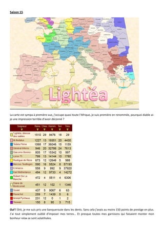 Saison 15




La carte est sympa à première vue, j’occupe quasi toute l’Afrique, je suis première en renommée, pourquoi diable ai-
je une impression terrible d’avoir déconné ?




Ouf ! Shit, je me suis pris une banqueroute dans les dents. Sans cela j’avais au moins 150 points de prestige en plus.
J’ai tout simplement oublié d’imposer mes terres… Et presque toutes mes garnisons qui faisaient monter mon
bonheur relax se sont volatilisées.
 