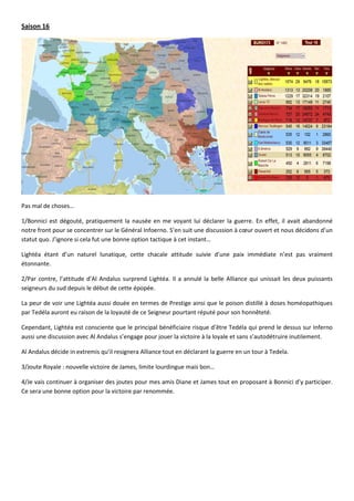 Saison 16




Pas mal de choses…

1/Bonnici est dégouté, pratiquement la nausée en me voyant lui déclarer la guerre. En effet, il avait abandonné
notre front pour se concentrer sur le Général Infoerno. S’en suit une discussion à cœur ouvert et nous décidons d’un
statut quo. J’ignore si cela fut une bonne option tactique à cet instant…

Lightéa étant d’un naturel lunatique, cette chacale attitude suivie d’une paix immédiate n’est pas vraiment
étonnante.

2/Par contre, l’attitude d’Al Andalus surprend Lightéa. Il a annulé la belle Alliance qui unissait les deux puissants
seigneurs du sud depuis le début de cette épopée.

La peur de voir une Lightéa aussi douée en termes de Prestige ainsi que le poison distillé à doses homéopathiques
par Tedéla auront eu raison de la loyauté de ce Seigneur pourtant réputé pour son honnêteté.

Cependant, Lightéa est consciente que le principal bénéficiaire risque d’être Tedéla qui prend le dessus sur Inferno
aussi une discussion avec Al Andalus s’engage pour jouer la victoire à la loyale et sans s’autodétruire inutilement.

Al Andalus décide in extremis qu’il resignera Alliance tout en déclarant la guerre en un tour à Tedela.

3/Joute Royale : nouvelle victoire de James, limite lourdingue mais bon…

4/Je vais continuer à organiser des joutes pour mes amis Diane et James tout en proposant à Bonnici d’y participer.
Ce sera une bonne option pour la victoire par renommée.
 