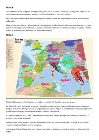 Saison 4

Le Duc Marchal prend la régence du Seigneur Wilgalad (sud de la France) avec qui je suis en guerre. Le pauvre en
meurt de peur et oublie de passer ses ordres, résultats Montloup et moi nous régalons.

Petite discussion houleuse avec ami Bonnici à propos de Malta que je me proposais de racheter. Notre ciel bleu
s’obscurcit.

Ailleurs en Europe, plusieurs Seigneurs ont les dents longues : le Général Inferno fait des merveilles tout en restant
discret en Allemagne, James le Croate se déploie admirablement bien, Bane du Triumvirat vole la vedette à Tedela
(Artaz), Al Andalus prend l’ascendant sur Antenor en Espagne.

Saison 5




Position idéale avant la Royale que je me vois bien remporter, 11 chevaliers dont des sympas.

J’ai 5 véritables amis sur lesquels je compte : Al Andalus, mon prétendent, Diane et Montloup mes compagnons
français, le Chevalier d’Aragon africain et un petit nouveau, James, Régent de Karl de Metherlance qui se débrouille
vraiment pas mal malgré une situation de départ vraiment compromise.

Je compte m’emparer de la Corse, j’achète Addiffah à mon Allié Africain d’Aragon, cela ne fera pas moins de 13
provinces, riches pour la plupart.

Tedela menace ma Province du Limousin. Pas de chance pour lui, un chevalier appelé s’y trouve, je vais pouvoir
recruter et repousser Tedela comme un lépreux.

Le triumvirat Tedela-Wilgald-Bane est à l’agonie. Bane félon et Wilgalad au cimetière. Reste à se débarrasser de
Tedela.
 