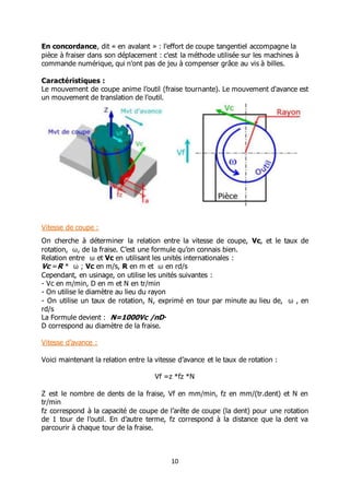 10
En concordance, dit « en avalant » : l'effort de coupe tangentiel accompagne la
pièce à fraiser dans son déplacement : c'est la méthode utilisée sur les machines à
commande numérique, qui n'ont pas de jeu à compenser grâce au vis à billes.
Caractéristiques :
Le mouvement de coupe anime l’outil (fraise tournante). Le mouvement d'avance est
un mouvement de translation de l'outil.
Vitesse de coupe :
On cherche à déterminer la relation entre la vitesse de coupe, Vc, et le taux de
rotation, ω, de la fraise. C’est une formule qu’on connais bien.
Relation entre ω et Vc en utilisant les unités internationales :
Vc =R * ω ; Vc en m/s, R en m et ω en rd/s
Cependant, en usinage, on utilise les unités suivantes :
- Vc en m/min, D en m et N en tr/min
- On utilise le diamètre au lieu du rayon
- On utilise un taux de rotation, N, exprimé en tour par minute au lieu de, ω , en
rd/s
La Formule devient : N=1000Vc /πD
D correspond au diamètre de la fraise.
Vitesse d’avance :
Voici maintenant la relation entre la vitesse d’avance et le taux de rotation :
Vf =z *fz *N
Z est le nombre de dents de la fraise, Vf en mm/min, fz en mm/(tr.dent) et N en
tr/min
fz correspond à la capacité de coupe de l’arête de coupe (la dent) pour une rotation
de 1 tour de l’outil. En d’autre terme, fz correspond à la distance que la dent va
parcourir à chaque tour de la fraise.
 