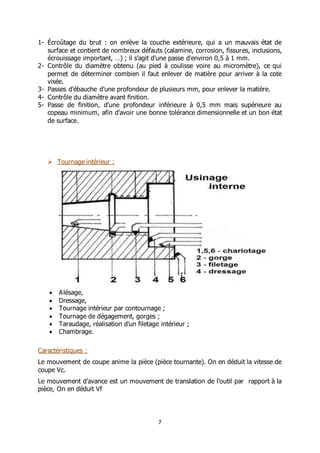 7
1- Écroûtage du brut : on enlève la couche extérieure, qui a un mauvais état de
surface et contient de nombreux défauts (calamine, corrosion, fissures, inclusions,
écrouissage important, …) ; il s'agit d'une passe d'environ 0,5 à 1 mm.
2- Contrôle du diamètre obtenu (au pied à coulisse voire au micromètre), ce qui
permet de déterminer combien il faut enlever de matière pour arriver à la cote
visée.
3- Passes d'ébauche d'une profondeur de plusieurs mm, pour enlever la matière.
4- Contrôle du diamètre avant finition.
5- Passe de finition, d'une profondeur inférieure à 0,5 mm mais supérieure au
copeau minimum, afin d'avoir une bonne tolérance dimensionnelle et un bon état
de surface.
 Tournage intérieur :
 Alésage,
 Dressage,
 Tournage intérieur par contournage ;
 Tournage de dégagement, gorges ;
 Taraudage, réalisation d'un filetage intérieur ;
 Chambrage.
Caractéristiques :
Le mouvement de coupe anime la pièce (pièce tournante). On en déduit la vitesse de
coupe Vc.
Le mouvement d'avance est un mouvement de translation de l'outil par rapport à la
pièce, On en déduit Vf
 