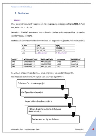 Positionnement relatif statique
Abdessadek Elasri | introduction aux GNSS 27 mars 2017 4
2. Réalisation
▪ Etape 1 :
Dans la première session trois points ont été occupés par des récepteurs Promark500. Il s’agit
des points LK1, LK3 et LK6.
Les points LK1 et LK3 sont connus en coordonnées Lambert et il est demandé de calculer les
coordonnées du point LK6.
Les tableaux suivants donnent des informations sur les points occupés et sur les observations :
POINT X(m) Y(m)
LK1 107454.11 376212.28
LK3 109200.15 373592.16
LK6 A déterminer A déterminer
POINT NOM DU FICHIER TYPE ANTENNE H Antenne REMARQUE
LK1 G4013B12.119 MAG990596 1.485 VERTICALE
LK3 G3039A12.119 MAG990596 1.260 OBLIQUE
LK6 G3037A12.119 MAG990596 1.437 OBLIQUE
En utilisant le logiciel GNSS Solutions on va déterminer les coordonnées de LK6.
Les étapes de réalisation sur le logiciel vont suivre cet algorithme :
Création d'un nouveau projet
Configuration du projet
Importation des observations
Edition des informations de fichiers
d'observation.
Traitement les lignes de base
 