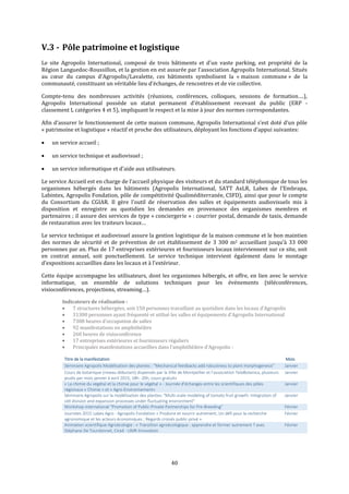 40
V.3 - Pôle patrimoine et logistique
Le site Agropolis International, composé de trois bâtiments et d'un vaste parking, est propriété de la
Région Languedoc-Roussillon, et la gestion en est assurée par l'association Agropolis International. Situés
au cœur du campus d’Agropolis/Lavalette, ces bâtiments symbolisent la « maison commune » de la
communauté, constituant un véritable lieu d’échanges, de rencontres et de vie collective.
Compte-tenu des nombreuses activités (réunions, conférences, colloques, sessions de formation….),
Agropolis International possède un statut permanent d’établissement recevant du public (ERP -
classement L catégories 4 et 5), impliquant le respect et la mise à jour des normes correspondantes.
Afin d’assurer le fonctionnement de cette maison commune, Agropolis International s’est doté d’un pôle
« patrimoine et logistique » réactif et proche des utilisateurs, déployant les fonctions d’appui suivantes:
 un service accueil ;
 un service technique et audiovisuel ;
 un service informatique et d'aide aux utilisateurs.
Le service Accueil est en charge de l’accueil physique des visiteurs et du standard téléphonique de tous les
organismes hébergés dans les bâtiments (Agropolis International, SATT AxLR, Labex de l’Embrapa,
Labintex, Agropolis Fondation, pôle de compétitivité Qualiméditerranée, CSFD), ainsi que pour le compte
du Consortium du CGIAR. Il gère l’outil de réservation des salles et équipements audiovisuels mis à
disposition et enregistre au quotidien les demandes en provenance des organismes membres et
partenaires ; il assure des services de type « conciergerie » : courrier postal, demande de taxis, demande
de restauration avec les traiteurs locaux…
Le service technique et audiovisuel assure la gestion logistique de la maison commune et le bon maintien
des normes de sécurité et de prévention de cet établissement de 3 300 m2 accueillant jusqu’à 33 000
personnes par an. Plus de 17 entreprises extérieures et fournisseurs locaux interviennent sur ce site, soit
en contrat annuel, soit ponctuellement. Le service technique intervient également dans le montage
d’expositions accueillies dans les locaux et à l’extérieur.
Cette équipe accompagne les utilisateurs, dont les organismes hébergés, et offre, en lien avec le service
informatique, un ensemble de solutions techniques pour les événements (téléconférences,
visioconférences, projections, streaming…).
Indicateurs de réalisation :
 7 structures hébergées, soit 150 personnes travaillant au quotidien dans les locaux d’Agropolis
 31300 personnes ayant fréquenté et utilisé les salles et équipements d’Agropolis International
 7308 heures d'occupation de salles
 92 manifestations en amphithéâtre
 260 heures de visioconférence
 17 entreprises extérieures et fournisseurs réguliers
 Principales manifestations accueillies dans l’amphithéâtre d’Agropolis :
Titre de la manifestation Mois
Séminaire Agropolis Modélisation des plantes : "Mechanical feedbacks add robustness to plant morphogenesis" Janvier
Cours de botanique (niveau débutant) dispensés par la Ville de Montpellier et l'association TelaBotanica, plusieurs
jeudis par mois janvier à avril 2015, 18h -20h, cours gratuits
Janvier
« La chimie du végétal et la chimie pour le végétal » - Journée d'échanges entre les scientifiques des pôles
régionaux « Chimie » et « Agro-Environnement»
Janvier
Séminaire Agropolis sur la modélisation des plantes: "Multi-scale modeling of tomato fruit growth: Integration of
cell division and expansion processes under fluctuating environment"
Janvier
Workshop international "Promotion of Public-Private Partnerships for Pre-Breeding" Février
Journées 2015 Labex Agro - Agropolis Fondation « Produire et nourrir autrement, Un défi pour la recherche
agronomique et les acteurs économiques ; Regards croisés public-privé »
Février
Animation scientifique Agroécologie : « Transition agroécologique : apprendre et former autrement ? avec
Stéphane De Tourdonnet, Cirad - UMR Innovation
Février
 