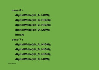 Hajer DAHECH
case 6 :
digitalWrite(bit_A, LOW);
digitalWrite(bit_B, HIGH);
digitalWrite(bit_C, HIGH);
digitalWrite(bit_D, ...