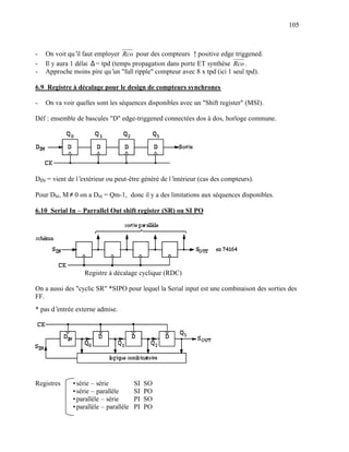 105



-   On voit qu’ faut employer Rco pour des compteurs ↑ positive edge triggened.
                 il
-   Il y aura 1 délai ∆ = tpd (temps propagation dans porte ET synthèse Rco .
-   Approche moins pire qu’ "full ripple" compteur avec 8 x tpd (ici 1 seul tpd).
                               un

6.9 Registre à décalage pour le design de compteurs synchrones

-   On va voir quelles sont les séquences disponibles avec un "Shift register" (MSI).

Déf : ensemble de bascules "D" edge-triggened connectées dos à dos, horloge commune.




DIN = vient de l’extérieur ou peut-être généré de l’intérieur (cas des compteurs).

Pour DM, M ≠ 0 on a DM = Qm-1, donc il y a des limitations aux séquences disponibles.

6.10 Serial In – Parrallel Out shift register (SR) ou SI PO




                  Registre à décalage cyclique (RDC)

On a aussi des "cyclic SR" *SIPO pour lequel la Serial input est une combinaison des sorties des
FF.
* pas d’entrée externe admise.




Registres    • série – série           SI   SO
             • série – parallèle       SI   PO
             • parallèle – série       PI   SO
             • parallèle – parallèle   PI   PO
 