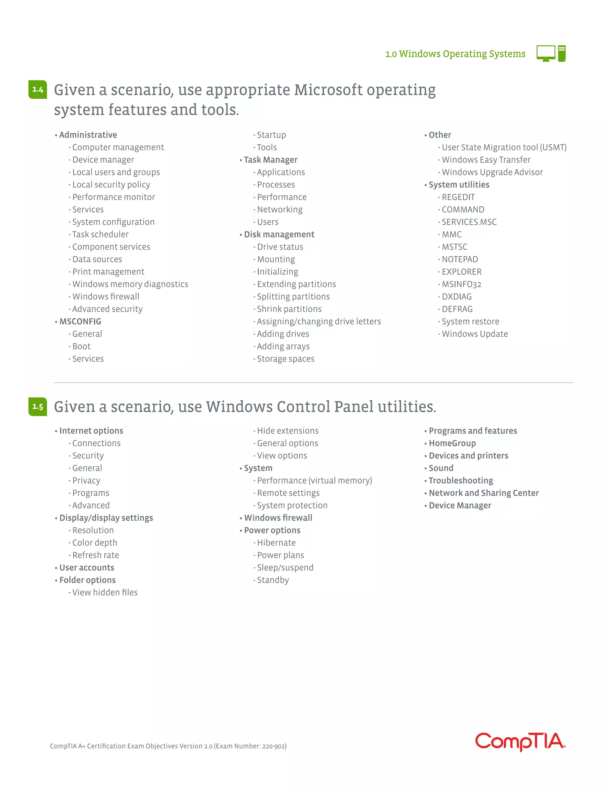 • Administrative
	 - Computer management
	 - Device manager
	 - Local users and groups
	 - Local security policy
	 - Performance monitor
	 - Services
	 - System configuration
	 - Task scheduler
	 - Component services
	 - Data sources
	 - Print management
	 - Windows memory diagnostics
	 - Windows firewall
	 - Advanced security
• MSCONFIG
	 - General
	 - Boot
	 - Services
	 - Startup
	 - Tools
• Task Manager
	 - Applications
	 - Processes
	 - Performance
	 - Networking
	 - Users
• Disk management
	 - Drive status
	 - Mounting
	 - Initializing
	 - Extending partitions
	 - Splitting partitions
	 - Shrink partitions
	 - Assigning/changing drive letters
	 - Adding drives
	 - Adding arrays
	 - Storage spaces
• Other
	 - User State Migration tool (USMT)
	 - Windows Easy Transfer
	 - Windows Upgrade Advisor
• System utilities
	 - REGEDIT
	 - COMMAND
	 - SERVICES.MSC
	 - MMC
	 - MSTSC
	 - NOTEPAD
	 - EXPLORER
	 - MSINFO32
	 - DXDIAG
	 - DEFRAG
	 - System restore
	 - Windows Update
• Internet options
	 - Connections
	 - Security
	 - General
	 - Privacy
	 - Programs
	 - Advanced
• Display/display settings
	 - Resolution
	 - Color depth
	 - Refresh rate
• User accounts
• Folder options
	 - View hidden files
	 - Hide extensions
	 - General options
	 - View options
• System
	 - Performance (virtual memory)
	 - Remote settings
	 - System protection
• Windows firewall
• Power options
	 - Hibernate
	 - Power plans
	 - Sleep/suspend
	 - Standby
• Programs and features
• HomeGroup
• Devices and printers
• Sound
• Troubleshooting
• Network and Sharing Center
• Device Manager
Given a scenario, use appropriate Microsoft operating
system features and tools.
Given a scenario, use Windows Control Panel utilities.
1.4
1.5
CompTIA A+ Certification Exam Objectives Version 2.0 (Exam Number: 220-902)
1.0 Windows Operating Systems
 