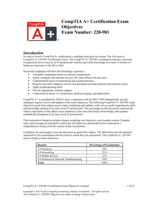 CompTIA A+ 220-901 Certification Exam Objectives version5 1 of 25
Copyright © 2015 by the Computing Technology Industry Association. All rights reserved.
The CompTIA A+ 220-901 Objectives are subject to change without notice.
CompTIA A+ Certification Exam
Objectives
Exam Number: 220-901
Introduction
In order to receive CompTIA A+ certification a candidate must pass two exams. The first exam is
CompTIA A+ 220-901 Certification Exam. The CompTIA A+ 220-901 examination measures necessary
competencies for an entry-level IT professional with the equivalent knowledge of at least 12 months of
hands-on experience in the lab or field.
Successful candidates will have the knowledge required to:
 Assemble components based on customer requirements
 Install, configure and maintain devices, PCs and software for end users
 Understand the basics of networking and security/forensics
 Properly and safely diagnose, resolve and document common hardware and software issues
 Apply troubleshooting skills
 Provide appropriate customer support
 Understand the basics of virtualization, desktop imaging, and deployment
CompTIA A+ is accredited by ANSI to show compliance with the ISO 17024 Standard and, as such,
undergoes regular reviews and updates to the exam objectives. The following CompTIA A+ 220-901 exam
objectives result from subject matter expert workshops and industry-wide survey results regarding the skills
and knowledge required of an entry-level IT professional. The percentages in this document represent the
relative importance of the subject areas (domains) in the associated body of knowledge, and together
establish the foundation of an entry-level IT professional.
This examination blueprint includes domain weighting, test objectives, and example content. Example
topics and concepts are included to clarify the test objectives and should not be construed as a
comprehensive listing of all the content of this examination.
Candidates are encouraged to use this document to guide their studies. The table below lists the domains
measured by this examination and the extent to which they are represented. The CompTIA A+ 220-901
exam is based on these objectives.
Domain Percentage of Examination
1.0 Hardware 34%
2.0 Networking 21%
3.0 Mobile Devices 17%
4.0 Hardware & Network Troubleshooting 28%
Total 100%
 