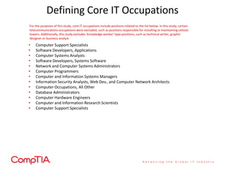 Defining Core IT Occupations
• Computer Support Specialists
• Software Developers, Applications
• Computer Systems Analysts
• Software Developers, Systems Software
• Network and Computer Systems Administrators
• Computer Programmers
• Computer and Information Systems Managers
• Information Security Analysts, Web Dev., and Computer Network Architects
• Computer Occupations, All Other
• Database Administrators
• Computer Hardware Engineers
• Computer and Information Research Scientists
• Computer Support Specialists
For the purposes of this study, core IT occupations include positions related to the list below. In this study, certain
telecommunications occupations were excluded, such as positions responsible for installing or maintaining cellular
towers. Additionally, this study excludes ‘knowledge worker’ type positions, such as technical writer, graphic
designer or business analyst.
 