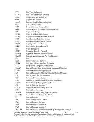 CompTIA Network+ Certification Exam Objectives V.1 15 of 22
Copyright 2016 by the Computing Technology Industry Association. All rights reserved.
The CompTIA Network+ Certification Exam Objectives are subject to change without notice.
FTP File Transfer Protocol
FTPS File Transfer Protocol Security
GBIC Gigabit Interface Converter
Gbps Gigabits per second
GLBP Gateway Load Balancing Protocol
GPG GNU Privacy Guard
GRE Generic Routing Encapsulation
GSM Global System for Mobile Communications
HA High Availability
HDLC High-Level Data Link Control
HDMI High Definition Multimedia Interface
HIDS Host Intrusion Detection System
HIPS Host Intrusion Prevention System
HSPA High-Speed Packet Access
HSRP Hot Standby Router Protocol
HT High Throughput
HTTP Hypertext Transfer Protocol
HTTPS Hypertext Transfer Protocol Secure
HVAC Heating, Ventilation and Air Conditioning
Hz Hertz
IaaS Infrastructure as a Service
IANA Internet Assigned Numbers Authority
ICA Independent Computer Architecture
ICANN Internet Corporation for Assigned Names and Numbers
ICMP Internet Control Message Protocol
ICS Internet Connection Sharing/Industrial Control System
IDF Intermediate Distribution Frame
IDS Intrusion Detection System
IEEE Institute of Electrical and Electronics Engineers
IGMP Internet Group Message Protocol
IGP Interior Gateway Protocol
IGRP Interior Gateway Routing Protocol
IKE Internet Key Exchange
IMAP4 Internet Message Access Protocol version 4
InterNIC Internet Network Information Center
IP Internet Protocol
IPS Intrusion Prevention System
IPsec Internet Protocol Security
IPv4 Internet Protocol version 4
IPv6 Internet Protocol version 6
ISAKMP Internet Security Association and Key Management Protocol
 