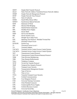 CompTIA Network+ Certification Exam Objectives V.1 19 of 22
Copyright 2016 by the Computing Technology Industry Association. All rights reserved.
The CompTIA Network+ Certification Exam Objectives are subject to change without notice.
SMTP Simple Mail Transfer Protocol
SNAT Static Network Address Translation/Source Network Address
TranslationSNMP Simple Network Management Protocol
SNTP Simple Network Time Protocol
SOA Start of Authority
SOHO Small Office/Home Office
SONET Synchronous Optical Network
SOW Statement of Work
SPB Shortest Path Bridging
SPI Stateful Packet Inspection
SPS Standby Power Supply
SSH Secure Shell
SSID Service Set Identifier
SSL Secure Sockets Layer
ST Straight Tip or Snap Twist
STP Spanning Tree Protocol / Shielded Twisted Pair
SVC Switched Virtual Circuit
SYSLOG System Log
T1 Terrestrial Carrier Level 1
TA Terminal Adaptor
TACACS Terminal Access Control Access Control System
TACACS+ Terminal Access Control Access Control System+
TCP Transmission Control Protocol
TCP / IP Transmission Control Protocol/Internet Protocol
TDM Time Division Multiplexing
TDR Time Domain Reflectometer
Telco Telephone Company
TFTP Trivial File Transfer Protocol
TKIP Temporal Key Integrity Protocol
TLS Transport Layer Security
TMS Transportation Management System
TOS Type of Service
TTL Time to Live
TTLS Tunneled Transport Layer Security
UC Unified Communications
UDP User Datagram Protocol
UNC Universal Naming Convention
UPC Ultra Polished Connector
UPS Uninterruptible Power Supply
URL Uniform Resource Locator
USB Universal Serial Bus
 