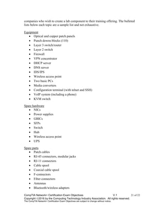 CompTIA Network+ Certification Exam Objectives V.1 21 of 22
Copyright 2016 by the Computing Technology Industry Association. All rights reserved.
The CompTIA Network+ Certification Exam Objectives are subject to change without notice.
companies who wish to create a lab component to their training offering. The bulleted
lists below each topic are a sample list and not exhaustive.
Equipment
 Optical and copper patch panels
 Punch downs blocks (110)
 Layer 3 switch/router
 Layer 2 switch
 Firewall
 VPN concentrator
 DHCP server
 DNS server
 IDS/IPS
 Wireless access point
 Two basic PCs
 Media converters
 Configuration terminal (with telnet and SSH)
 VoIP system (including a phone)
 KVM switch
Spare hardware
 NICs
 Power supplies
 GBICs
 SFPs
 Switch
 Hub
 Wireless access point
 UPS
Spare parts
 Patch cables
 RJ-45 connectors, modular jacks
 RJ-11 connectors
 Cable spool
 Coaxial cable spool
 F-connectors
 Fiber connectors
 Antennas
 Bluetooth/wireless adapters
 