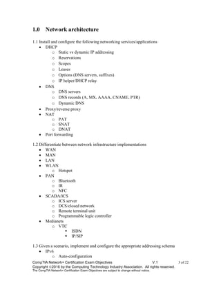 CompTIA Network+ Certification Exam Objectives V.1 3 of 22
Copyright 2016 by the Computing Technology Industry Association. All rights reserved.
The CompTIA Network+ Certification Exam Objectives are subject to change without notice.
1.0 Network architecture
1.1 Install and configure the following networking services/applications
 DHCP
o Static vs dynamic IP addressing
o Reservations
o Scopes
o Leases
o Options (DNS servers, suffixes)
o IP helper/DHCP relay
 DNS
o DNS servers
o DNS records (A, MX, AAAA, CNAME, PTR)
o Dynamic DNS
 Proxy/reverse proxy
 NAT
o PAT
o SNAT
o DNAT
 Port forwarding
1.2 Differentiate between network infrastructure implementations
 WAN
 MAN
 LAN
 WLAN
o Hotspot
 PAN
o Bluetooth
o IR
o NFC
 SCADA/ICS
o ICS server
o DCS/closed network
o Remote terminal unit
o Programmable logic controller
 Medianets
o VTC
 ISDN
 IP/SIP
1.3 Given a scenario, implement and configure the appropriate addressing schema
 IPv6
o Auto-configuration
 