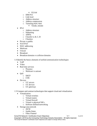 CompTIA Network+ Certification Exam Objectives V.1 4 of 22
Copyright 2016 by the Computing Technology Industry Association. All rights reserved.
The CompTIA Network+ Certification Exam Objectives are subject to change without notice.
 EUI 64
o DHCPv6
o Link local
o Address structure
o Address compression
o Tunneling 6to4, 4to6
 Teredo, miredo
 IPv4
o Address structure
o Subnetting
o APIPA
o Classful A, B, C, D
o Classless
 Private vs public
 NAT/PAT
 MAC addressing
 Multicast
 Unicast
 Broadcast
 Broadcast domains vs collision domains
1.4 Identify the basics elements of unified communication technologies
 VoIP
 Video
 Real time services
o Presence
o Multicast vs unicast
 QoS
o DSCP
o COS
 Devices
o UC servers
o UC devices
o UC gateways
1.5 Compare and contrast technologies that support cloud and virtualization
 Virtualization
o Virtual switches
o Virtual routers
o Virtual firewall
o Virtual vs physical NICs
o Software defined networking
 Storage area network
o iSCSI
o Jumbo frame
o Fibre Channel
 