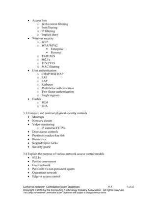 CompTIA Network+ Certification Exam Objectives V.1 7 of 22
Copyright 2016 by the Computing Technology Industry Association. All rights reserved.
The CompTIA Network+ Certification Exam Objectives are subject to change without notice.
 Access lists
o Web/content filtering
o Port filtering
o IP filtering
o Implicit deny
 Wireless security
o WEP
o WPA/WPA2
 Enterprise
 Personal
o TKIP/AES
o 802.1x
o TLS/TTLS
o MAC filtering
 User authentication
o CHAP/MSCHAP
o PAP
o EAP
o Kerberos
o Multifactor authentication
o Two-factor authentication
o Single sign-on
 Hashes
o MD5
o SHA
3.3 Compare and contrast physical security controls
 Mantraps
 Network closets
 Video monitoring
o IP cameras/CCTVs
 Door access controls
 Proximity readers/key fob
 Biometrics
 Keypad/cipher locks
 Security guard
3.4 Explain the purpose of various network access control models
 802.1x
 Posture assessment
 Guest network
 Persistent vs non-persistent agents
 Quarantine network
 Edge vs access control
 