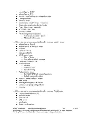 CompTIA Network+ Certification Exam Objectives V.1 9 of 22
Copyright 2016 by the Computing Technology Industry Association. All rights reserved.
The CompTIA Network+ Certification Exam Objectives are subject to change without notice.
 Misconfigured DHCP
 Misconfigured DNS
 Incorrect interface/interface misconfiguration
 Cable placement
 Interface errors
 Simultaneous wired/wireless connections
 Discovering neighboring devices/nodes
 Power failure/power anomalies
 MTU/MTU black hole
 Missing IP routes
 NIC teaming misconfiguration
o Active-active vs active-passive
o Multicast vs broadcast
4.3 Given a scenario, troubleshoot and resolve common security issues
 Misconfigured firewall
 Misconfigured ACLs/applications
 Malware
 Denial of service
 Open/closed ports
 ICMP related issues
o Ping of death
o Unreachable default gateway
 Unpatched firmware/OSs
 Malicious users
o Trusted
o Untrusted users
o Packet sniffing
 Authentication issues
o TACACS/RADIUS misconfigurations
o Default passwords/settings
 Improper access/backdoor access
 ARP issues
 Banner grabbing/OUI/ TCP Ports
 Domain/local group configurations
 Jamming
4.4 Given a scenario, troubleshoot and resolve common WAN issues
 Loss of internet connectivity
 Interface errors
 Split horizon
 DNS issues
 Interference
 Router configurations
 