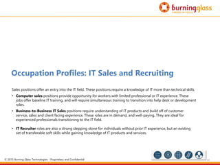 85
Occupation Profiles: IT Sales and Recruiting
Sales positions offer an entry into the IT field. These positions require a knowledge of IT more than technical skills.
• Computer sales positions provide opportunity for workers with limited professional or IT experience. These
jobs offer baseline IT training, and will require simultaneous training to transition into help desk or development
roles.
• Business-to-Business IT Sales positions require understanding of IT products and build off of customer
service, sales and client facing experience. These roles are in demand, and well-paying. They are ideal for
experienced professionals transitioning to the IT field.
• IT Recruiter roles are also a strong stepping stone for individuals without prior IT experience, but an existing
set of transferable soft skills while gaining knowledge of IT products and services.
© 2015 Burning Glass Technologies - Proprietary and Confidential
 