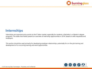 89
Internships
Internships are important entry points to the IT labor market, especially for students in Bachelor’s or Master’s degree
programs. The slides that follow present an overview of internship opportunities in 2014, based on skills requested and
employers.
This section should be used primarily for developing employer relationships, potentially for on-the-job training and
development of co-occurring training and work opportunities.
© 2015 Burning Glass Technologies - Proprietary and Confidential
 