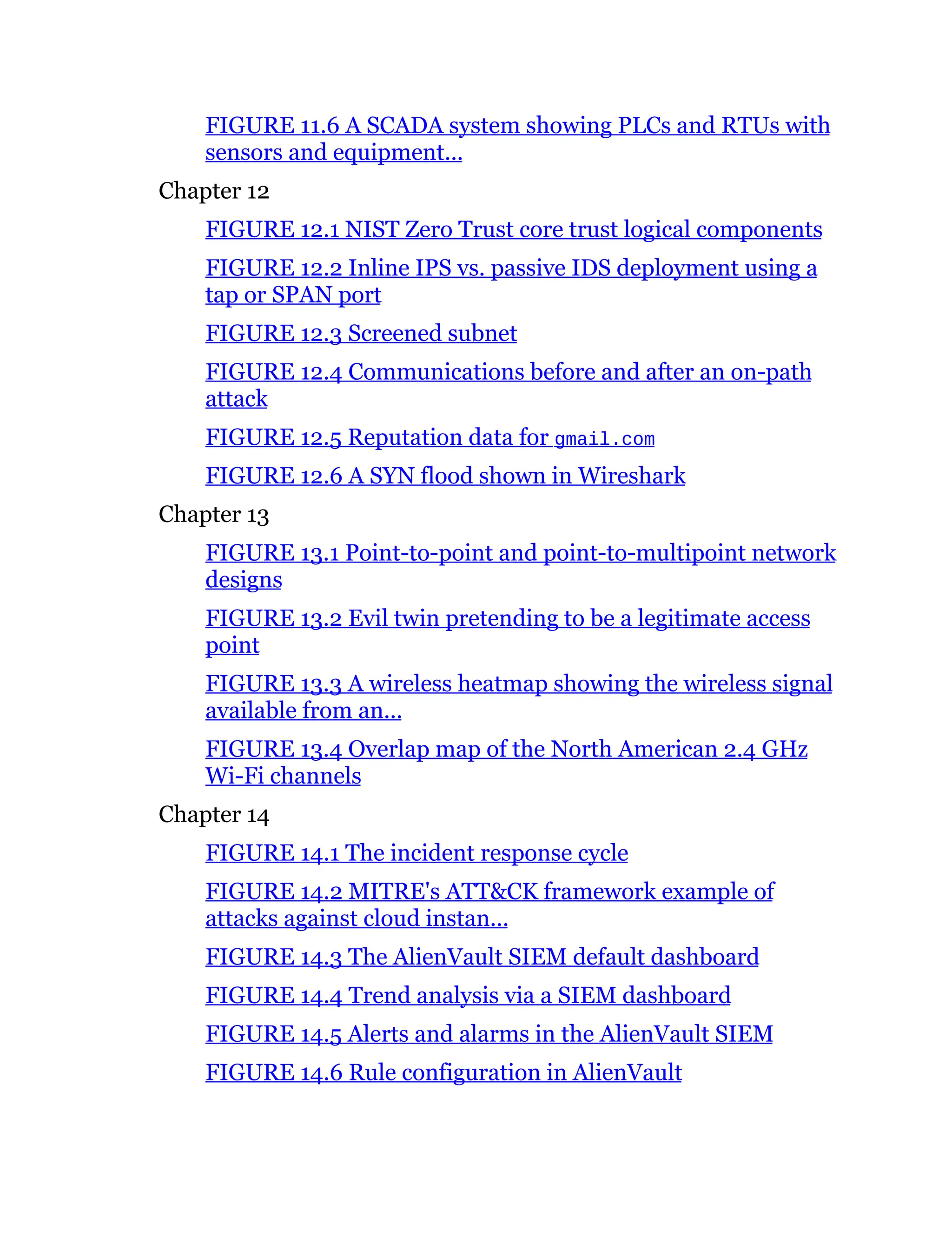 FIGURE 11.6 A SCADA system showing PLCs and RTUs with
sensors and equipment...
Chapter 12
FIGURE 12.1 NIST Zero Trust core trust logical components
FIGURE 12.2 Inline IPS vs. passive IDS deployment using a
tap or SPAN port
FIGURE 12.3 Screened subnet
FIGURE 12.4 Communications before and after an on-path
attack
FIGURE 12.5 Reputation data for gmail.com
FIGURE 12.6 A SYN flood shown in Wireshark
Chapter 13
FIGURE 13.1 Point-to-point and point-to-multipoint network
designs
FIGURE 13.2 Evil twin pretending to be a legitimate access
point
FIGURE 13.3 A wireless heatmap showing the wireless signal
available from an...
FIGURE 13.4 Overlap map of the North American 2.4 GHz
Wi-Fi channels
Chapter 14
FIGURE 14.1 The incident response cycle
FIGURE 14.2 MITRE's ATT&CK framework example of
attacks against cloud instan...
FIGURE 14.3 The AlienVault SIEM default dashboard
FIGURE 14.4 Trend analysis via a SIEM dashboard
FIGURE 14.5 Alerts and alarms in the AlienVault SIEM
FIGURE 14.6 Rule configuration in AlienVault
 
