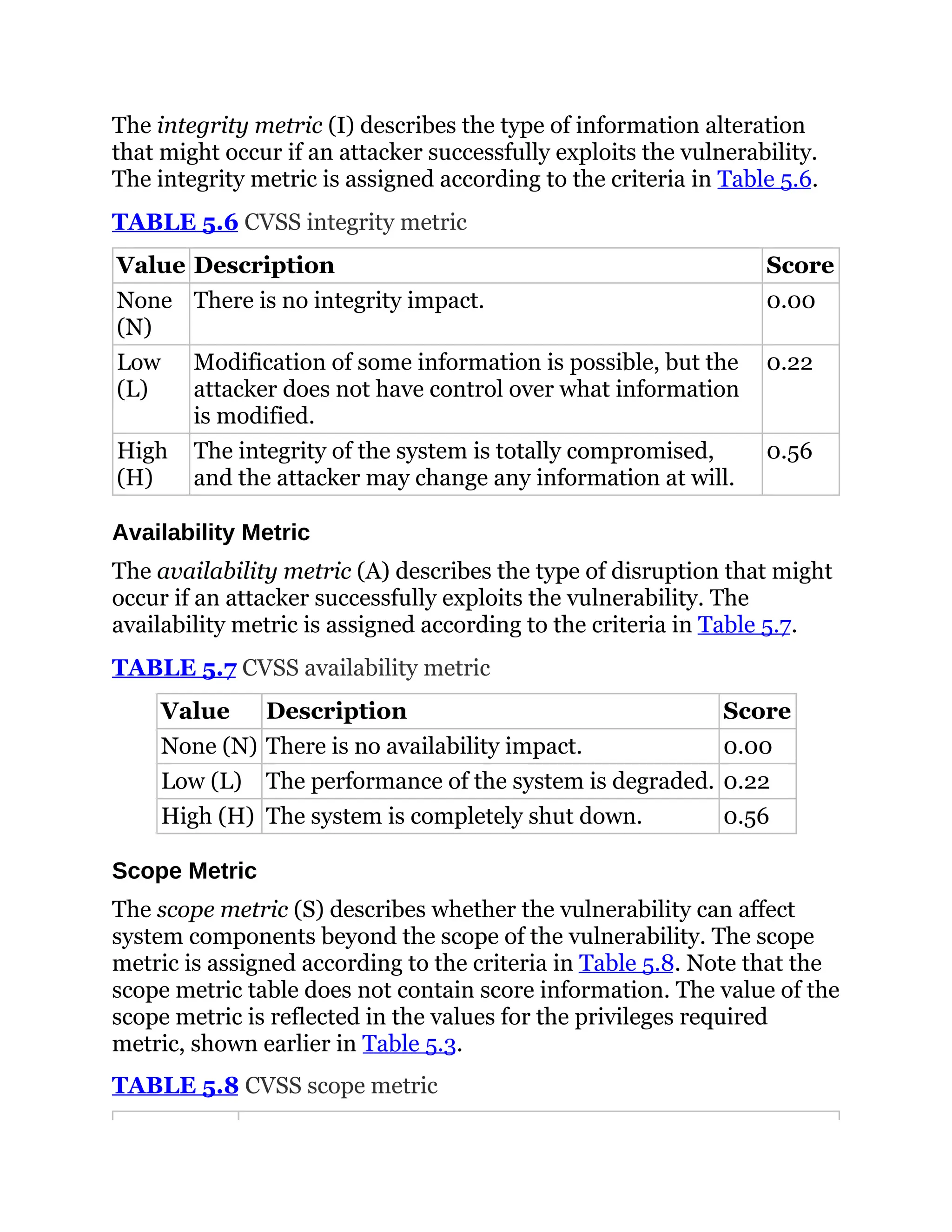 The integrity metric (I) describes the type of information alteration
that might occur if an attacker successfully exploits the vulnerability.
The integrity metric is assigned according to the criteria in Table 5.6.
TABLE 5.6 CVSS integrity metric
Value Description Score
None
(N)
There is no integrity impact. 0.00
Low
(L)
Modification of some information is possible, but the
attacker does not have control over what information
is modified.
0.22
High
(H)
The integrity of the system is totally compromised,
and the attacker may change any information at will.
0.56
Availability Metric
The availability metric (A) describes the type of disruption that might
occur if an attacker successfully exploits the vulnerability. The
availability metric is assigned according to the criteria in Table 5.7.
TABLE 5.7 CVSS availability metric
Value Description Score
None (N) There is no availability impact. 0.00
Low (L) The performance of the system is degraded. 0.22
High (H) The system is completely shut down. 0.56
Scope Metric
The scope metric (S) describes whether the vulnerability can affect
system components beyond the scope of the vulnerability. The scope
metric is assigned according to the criteria in Table 5.8. Note that the
scope metric table does not contain score information. The value of the
scope metric is reflected in the values for the privileges required
metric, shown earlier in Table 5.3.
TABLE 5.8 CVSS scope metric
 