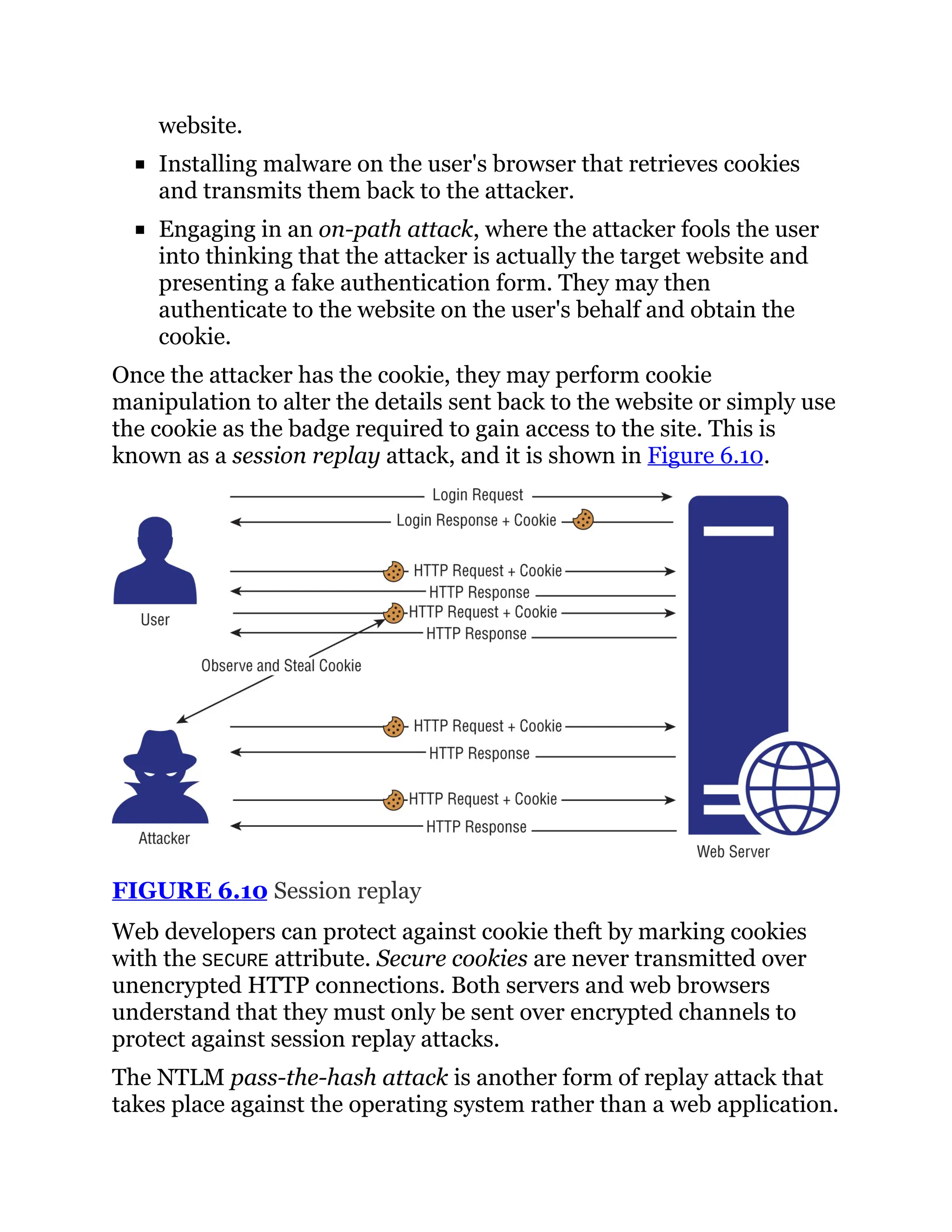 website.
Installing malware on the user's browser that retrieves cookies
and transmits them back to the attacker.
Engaging in an on-path attack, where the attacker fools the user
into thinking that the attacker is actually the target website and
presenting a fake authentication form. They may then
authenticate to the website on the user's behalf and obtain the
cookie.
Once the attacker has the cookie, they may perform cookie
manipulation to alter the details sent back to the website or simply use
the cookie as the badge required to gain access to the site. This is
known as a session replay attack, and it is shown in Figure 6.10.
FIGURE 6.10 Session replay
Web developers can protect against cookie theft by marking cookies
with the SECURE attribute. Secure cookies are never transmitted over
unencrypted HTTP connections. Both servers and web browsers
understand that they must only be sent over encrypted channels to
protect against session replay attacks.
The NTLM pass-the-hash attack is another form of replay attack that
takes place against the operating system rather than a web application.
 