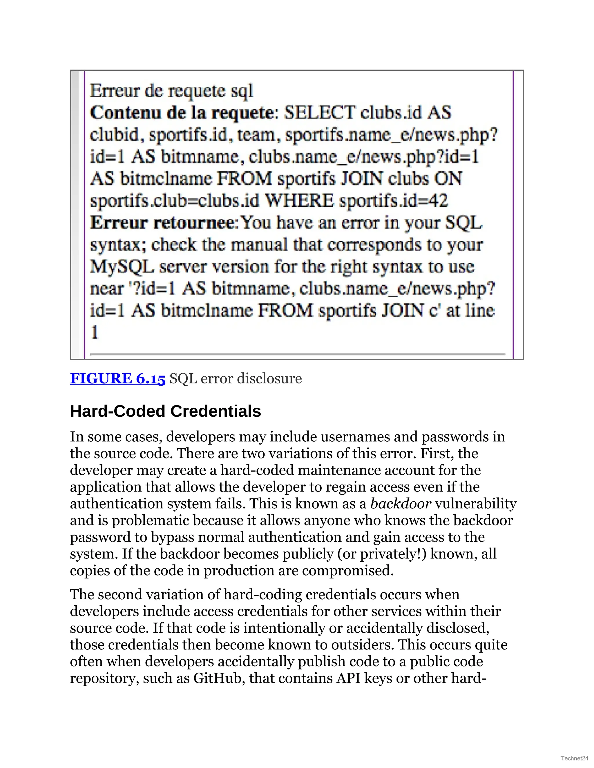 FIGURE 6.15 SQL error disclosure
Hard-Coded Credentials
In some cases, developers may include usernames and passwords in
the source code. There are two variations of this error. First, the
developer may create a hard-coded maintenance account for the
application that allows the developer to regain access even if the
authentication system fails. This is known as a backdoor vulnerability
and is problematic because it allows anyone who knows the backdoor
password to bypass normal authentication and gain access to the
system. If the backdoor becomes publicly (or privately!) known, all
copies of the code in production are compromised.
The second variation of hard-coding credentials occurs when
developers include access credentials for other services within their
source code. If that code is intentionally or accidentally disclosed,
those credentials then become known to outsiders. This occurs quite
often when developers accidentally publish code to a public code
repository, such as GitHub, that contains API keys or other hard-
Technet24
 