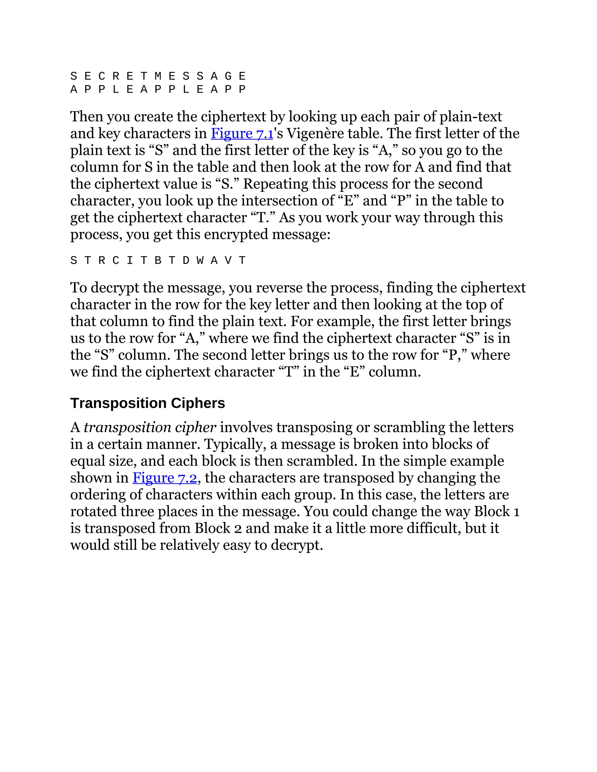 S E C R E T M E S S A G E
A P P L E A P P L E A P P
Then you create the ciphertext by looking up each pair of plain-text
and key characters in Figure 7.1's Vigenère table. The first letter of the
plain text is “S” and the first letter of the key is “A,” so you go to the
column for S in the table and then look at the row for A and find that
the ciphertext value is “S.” Repeating this process for the second
character, you look up the intersection of “E” and “P” in the table to
get the ciphertext character “T.” As you work your way through this
process, you get this encrypted message:
S T R C I T B T D W A V T
To decrypt the message, you reverse the process, finding the ciphertext
character in the row for the key letter and then looking at the top of
that column to find the plain text. For example, the first letter brings
us to the row for “A,” where we find the ciphertext character “S” is in
the “S” column. The second letter brings us to the row for “P,” where
we find the ciphertext character “T” in the “E” column.
Transposition Ciphers
A transposition cipher involves transposing or scrambling the letters
in a certain manner. Typically, a message is broken into blocks of
equal size, and each block is then scrambled. In the simple example
shown in Figure 7.2, the characters are transposed by changing the
ordering of characters within each group. In this case, the letters are
rotated three places in the message. You could change the way Block 1
is transposed from Block 2 and make it a little more difficult, but it
would still be relatively easy to decrypt.
 