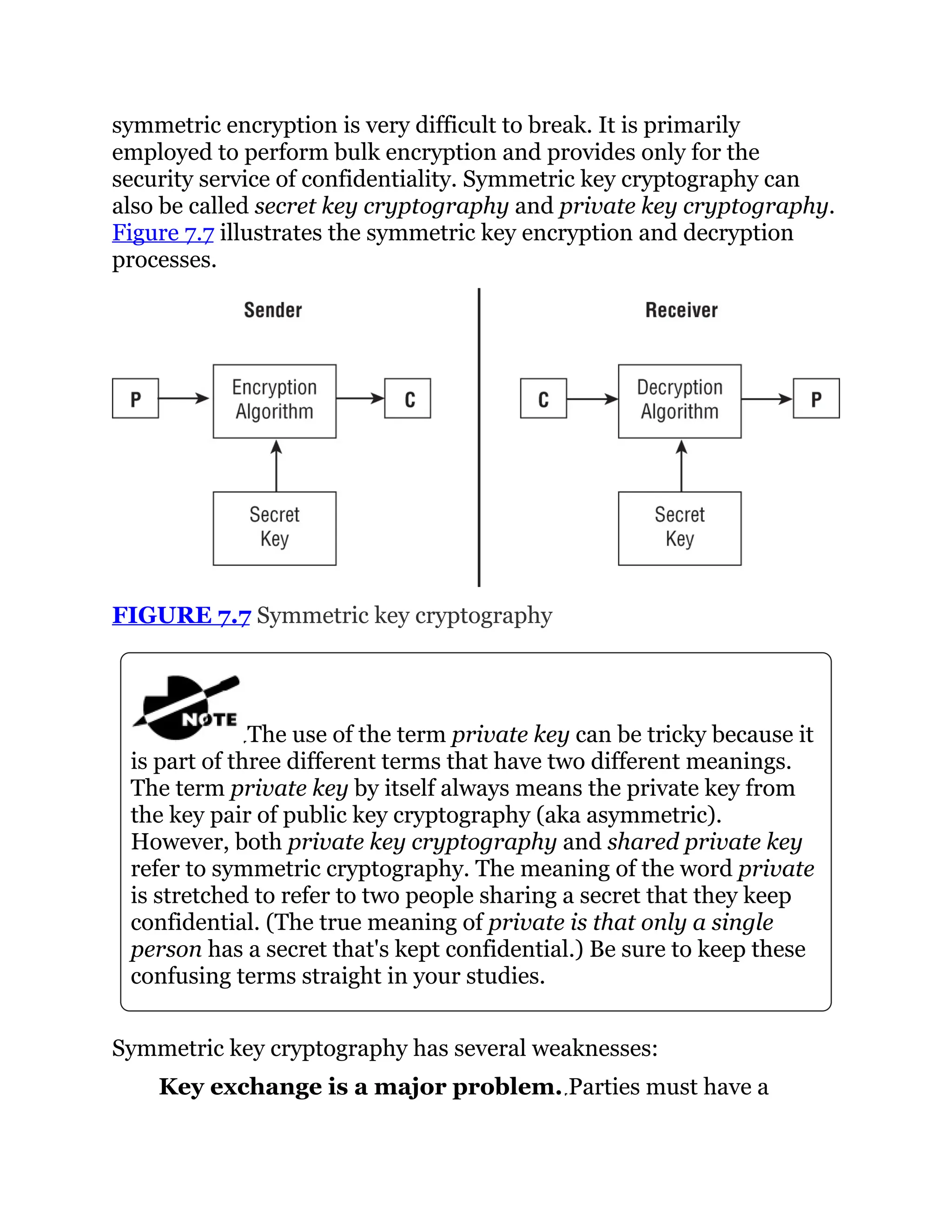 symmetric encryption is very difficult to break. It is primarily
employed to perform bulk encryption and provides only for the
security service of confidentiality. Symmetric key cryptography can
also be called secret key cryptography and private key cryptography.
Figure 7.7 illustrates the symmetric key encryption and decryption
processes.
FIGURE 7.7 Symmetric key cryptography
The use of the term private key can be tricky because it
is part of three different terms that have two different meanings.
The term private key by itself always means the private key from
the key pair of public key cryptography (aka asymmetric).
However, both private key cryptography and shared private key
refer to symmetric cryptography. The meaning of the word private
is stretched to refer to two people sharing a secret that they keep
confidential. (The true meaning of private is that only a single
person has a secret that's kept confidential.) Be sure to keep these
confusing terms straight in your studies.
Symmetric key cryptography has several weaknesses:
Key exchange is a major problem. Parties must have a
 