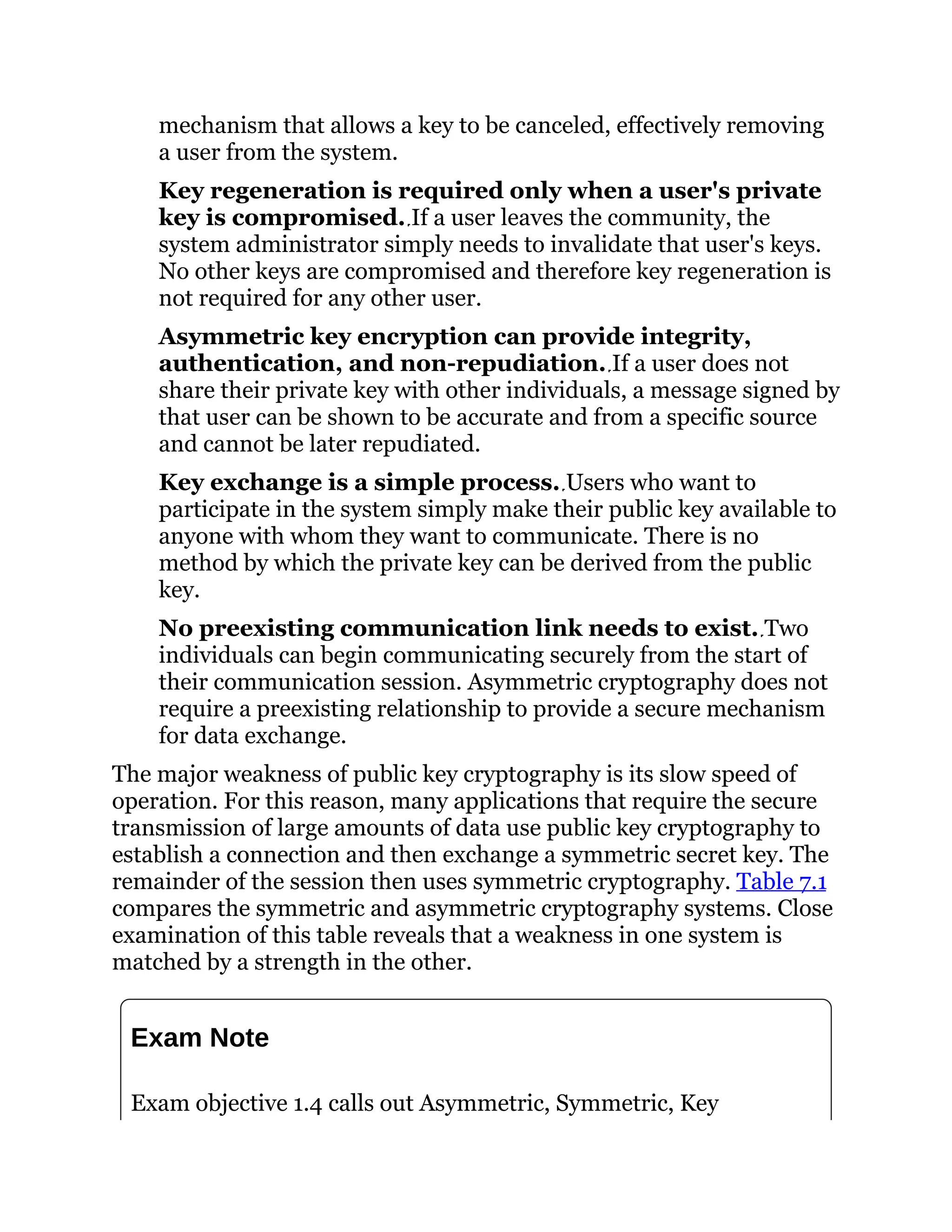 mechanism that allows a key to be canceled, effectively removing
a user from the system.
Key regeneration is required only when a user's private
key is compromised. If a user leaves the community, the
system administrator simply needs to invalidate that user's keys.
No other keys are compromised and therefore key regeneration is
not required for any other user.
Asymmetric key encryption can provide integrity,
authentication, and non-repudiation. If a user does not
share their private key with other individuals, a message signed by
that user can be shown to be accurate and from a specific source
and cannot be later repudiated.
Key exchange is a simple process. Users who want to
participate in the system simply make their public key available to
anyone with whom they want to communicate. There is no
method by which the private key can be derived from the public
key.
No preexisting communication link needs to exist. Two
individuals can begin communicating securely from the start of
their communication session. Asymmetric cryptography does not
require a preexisting relationship to provide a secure mechanism
for data exchange.
The major weakness of public key cryptography is its slow speed of
operation. For this reason, many applications that require the secure
transmission of large amounts of data use public key cryptography to
establish a connection and then exchange a symmetric secret key. The
remainder of the session then uses symmetric cryptography. Table 7.1
compares the symmetric and asymmetric cryptography systems. Close
examination of this table reveals that a weakness in one system is
matched by a strength in the other.
Exam Note
Exam objective 1.4 calls out Asymmetric, Symmetric, Key
 