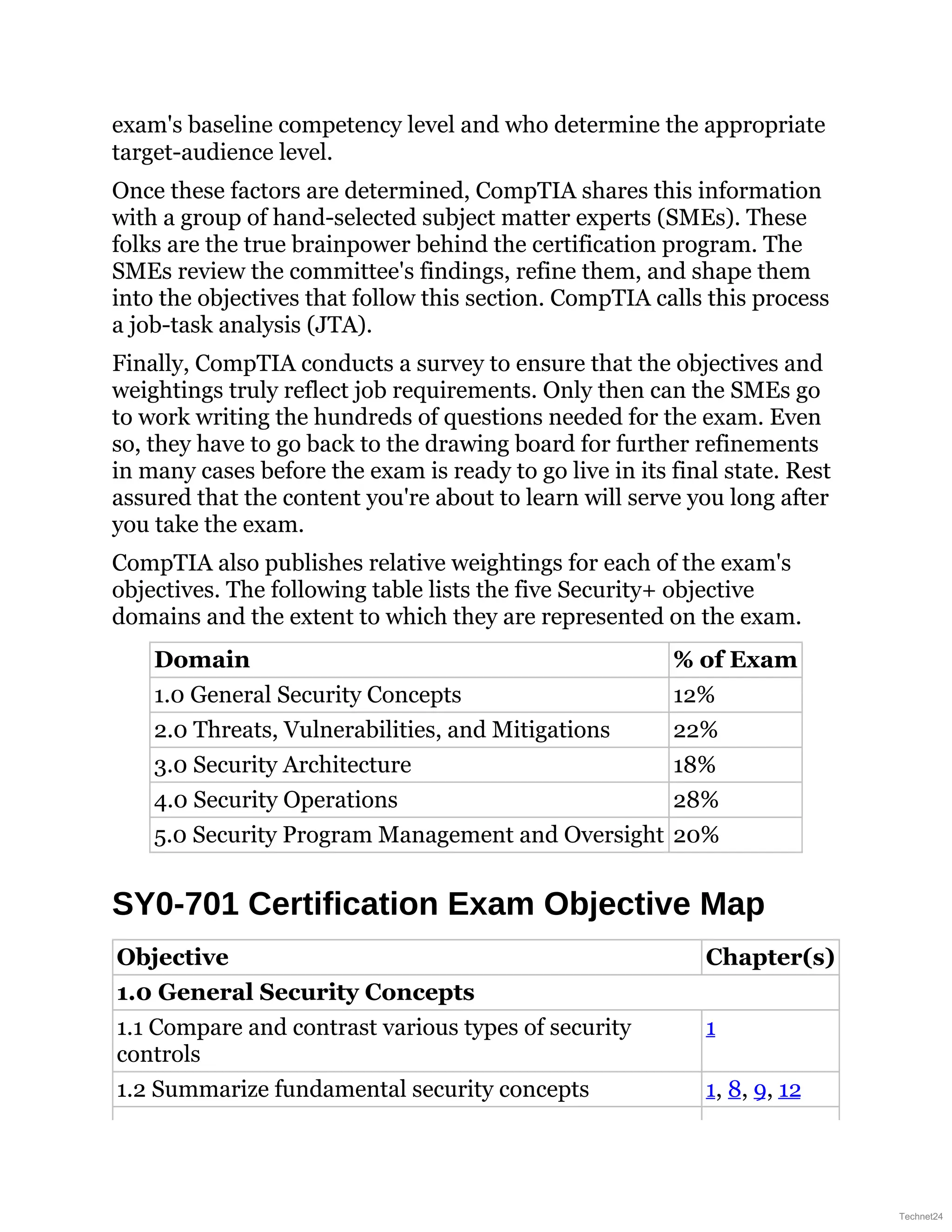 exam's baseline competency level and who determine the appropriate
target-audience level.
Once these factors are determined, CompTIA shares this information
with a group of hand-selected subject matter experts (SMEs). These
folks are the true brainpower behind the certification program. The
SMEs review the committee's findings, refine them, and shape them
into the objectives that follow this section. CompTIA calls this process
a job-task analysis (JTA).
Finally, CompTIA conducts a survey to ensure that the objectives and
weightings truly reflect job requirements. Only then can the SMEs go
to work writing the hundreds of questions needed for the exam. Even
so, they have to go back to the drawing board for further refinements
in many cases before the exam is ready to go live in its final state. Rest
assured that the content you're about to learn will serve you long after
you take the exam.
CompTIA also publishes relative weightings for each of the exam's
objectives. The following table lists the five Security+ objective
domains and the extent to which they are represented on the exam.
Domain % of Exam
1.0 General Security Concepts 12%
2.0 Threats, Vulnerabilities, and Mitigations 22%
3.0 Security Architecture 18%
4.0 Security Operations 28%
5.0 Security Program Management and Oversight 20%
SY0-701 Certification Exam Objective Map
Objective Chapter(s)
1.0 General Security Concepts
1.1 Compare and contrast various types of security
controls
1
1.2 Summarize fundamental security concepts 1, 8, 9, 12
Technet24
 