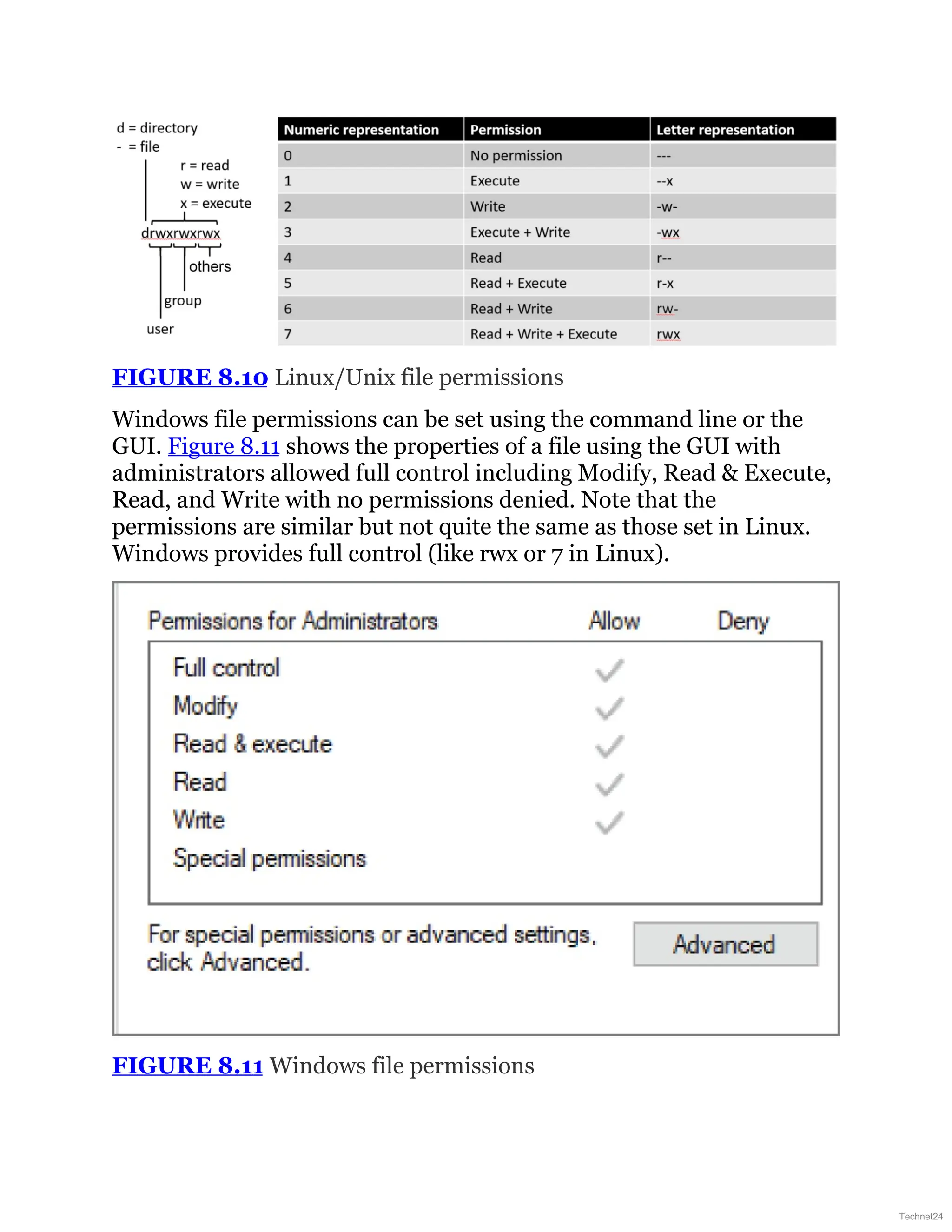 FIGURE 8.10 Linux/Unix file permissions
Windows file permissions can be set using the command line or the
GUI. Figure 8.11 shows the properties of a file using the GUI with
administrators allowed full control including Modify, Read & Execute,
Read, and Write with no permissions denied. Note that the
permissions are similar but not quite the same as those set in Linux.
Windows provides full control (like rwx or 7 in Linux).
FIGURE 8.11 Windows file permissions
Technet24
 
