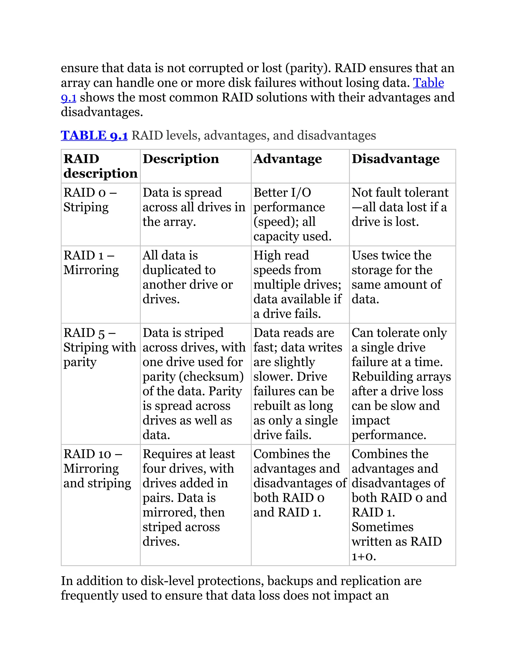 ensure that data is not corrupted or lost (parity). RAID ensures that an
array can handle one or more disk failures without losing data. Table
9.1 shows the most common RAID solutions with their advantages and
disadvantages.
TABLE 9.1 RAID levels, advantages, and disadvantages
RAID
description
Description Advantage Disadvantage
RAID 0 –
Striping
Data is spread
across all drives in
the array.
Better I/O
performance
(speed); all
capacity used.
Not fault tolerant
—all data lost if a
drive is lost.
RAID 1 –
Mirroring
All data is
duplicated to
another drive or
drives.
High read
speeds from
multiple drives;
data available if
a drive fails.
Uses twice the
storage for the
same amount of
data.
RAID 5 –
Striping with
parity
Data is striped
across drives, with
one drive used for
parity (checksum)
of the data. Parity
is spread across
drives as well as
data.
Data reads are
fast; data writes
are slightly
slower. Drive
failures can be
rebuilt as long
as only a single
drive fails.
Can tolerate only
a single drive
failure at a time.
Rebuilding arrays
after a drive loss
can be slow and
impact
performance.
RAID 10 –
Mirroring
and striping
Requires at least
four drives, with
drives added in
pairs. Data is
mirrored, then
striped across
drives.
Combines the
advantages and
disadvantages of
both RAID 0
and RAID 1.
Combines the
advantages and
disadvantages of
both RAID 0 and
RAID 1.
Sometimes
written as RAID
1+0.
In addition to disk-level protections, backups and replication are
frequently used to ensure that data loss does not impact an
 