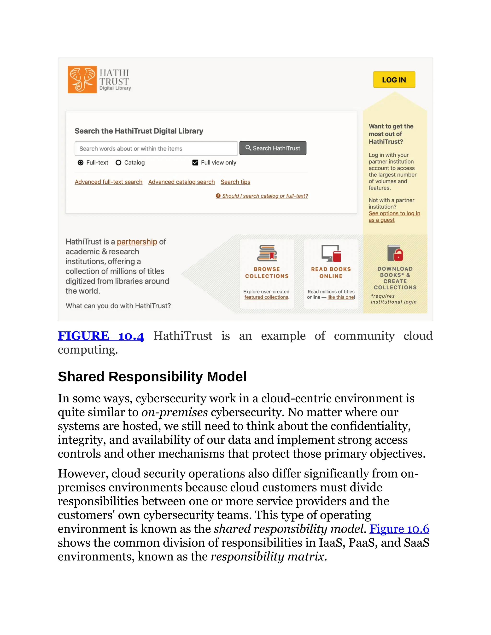 FIGURE 10.4 HathiTrust is an example of community cloud
computing.
Shared Responsibility Model
In some ways, cybersecurity work in a cloud-centric environment is
quite similar to on-premises cybersecurity. No matter where our
systems are hosted, we still need to think about the confidentiality,
integrity, and availability of our data and implement strong access
controls and other mechanisms that protect those primary objectives.
However, cloud security operations also differ significantly from on-
premises environments because cloud customers must divide
responsibilities between one or more service providers and the
customers' own cybersecurity teams. This type of operating
environment is known as the shared responsibility model. Figure 10.6
shows the common division of responsibilities in IaaS, PaaS, and SaaS
environments, known as the responsibility matrix.
 
