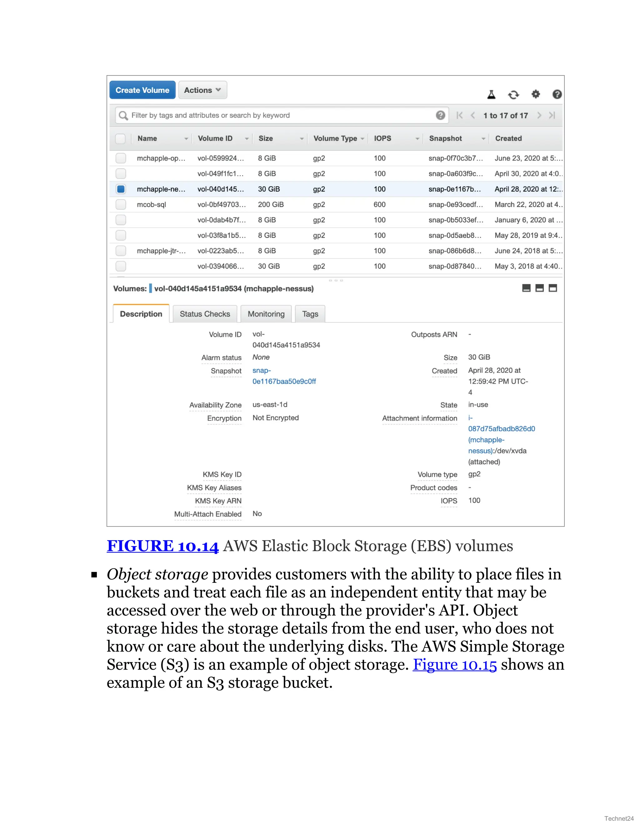 FIGURE 10.14 AWS Elastic Block Storage (EBS) volumes
Object storage provides customers with the ability to place files in
buckets and treat each file as an independent entity that may be
accessed over the web or through the provider's API. Object
storage hides the storage details from the end user, who does not
know or care about the underlying disks. The AWS Simple Storage
Service (S3) is an example of object storage. Figure 10.15 shows an
example of an S3 storage bucket.
Technet24
 