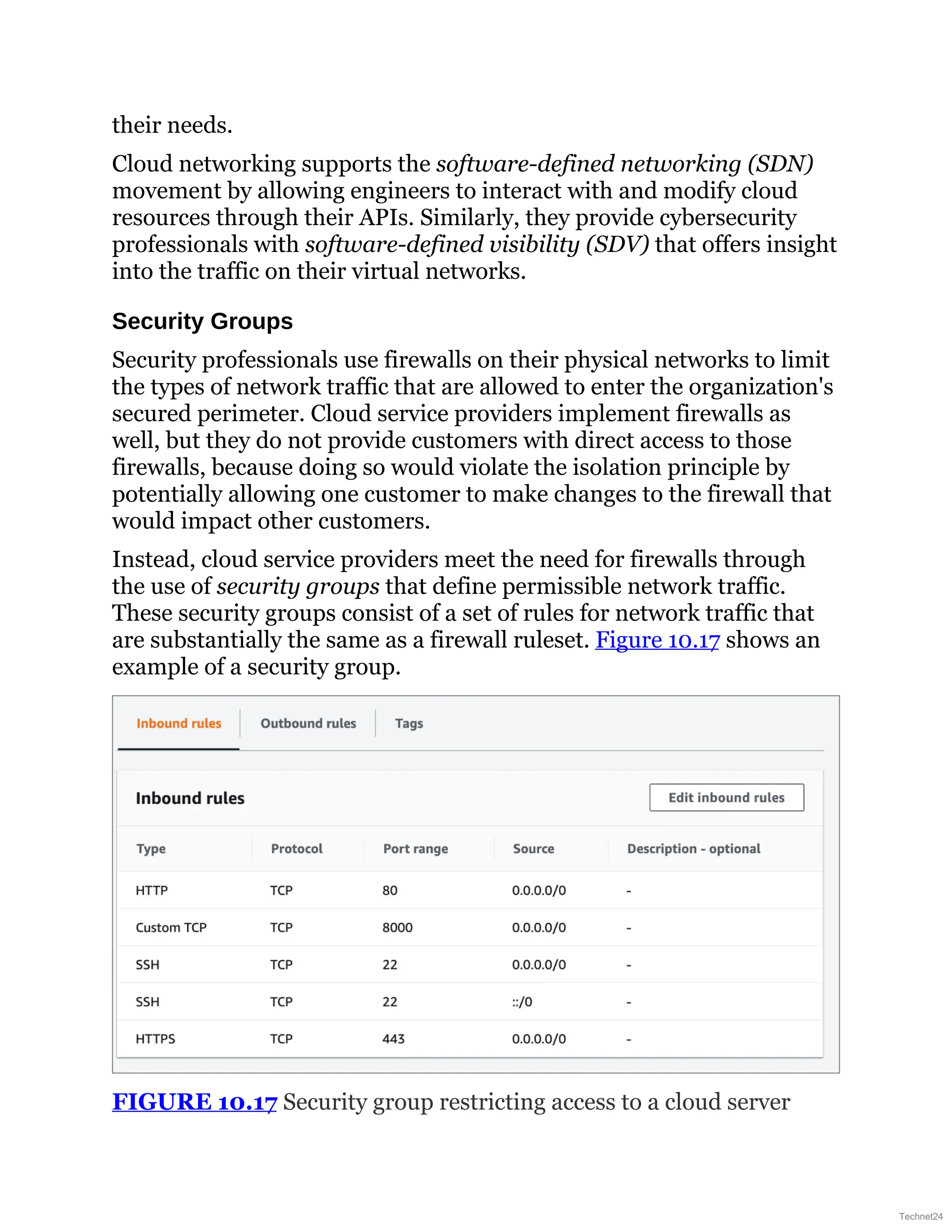 their needs.
Cloud networking supports the software-defined networking (SDN)
movement by allowing engineers to interact with and modify cloud
resources through their APIs. Similarly, they provide cybersecurity
professionals with software-defined visibility (SDV) that offers insight
into the traffic on their virtual networks.
Security Groups
Security professionals use firewalls on their physical networks to limit
the types of network traffic that are allowed to enter the organization's
secured perimeter. Cloud service providers implement firewalls as
well, but they do not provide customers with direct access to those
firewalls, because doing so would violate the isolation principle by
potentially allowing one customer to make changes to the firewall that
would impact other customers.
Instead, cloud service providers meet the need for firewalls through
the use of security groups that define permissible network traffic.
These security groups consist of a set of rules for network traffic that
are substantially the same as a firewall ruleset. Figure 10.17 shows an
example of a security group.
FIGURE 10.17 Security group restricting access to a cloud server
Technet24
 