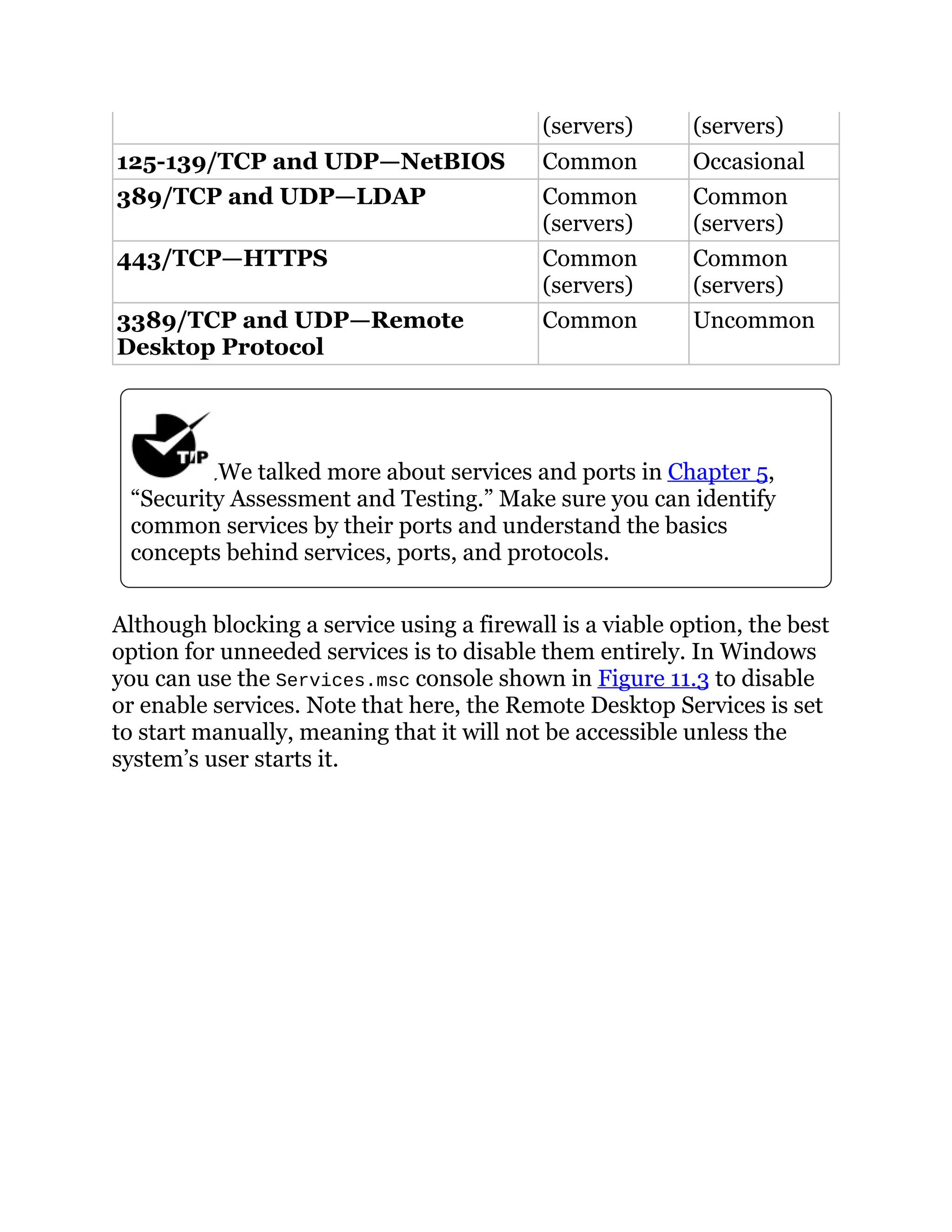 (servers) (servers)
125-139/TCP and UDP—NetBIOS Common Occasional
389/TCP and UDP—LDAP Common
(servers)
Common
(servers)
443/TCP—HTTPS Common
(servers)
Common
(servers)
3389/TCP and UDP—Remote
Desktop Protocol
Common Uncommon
We talked more about services and ports in Chapter 5,
“Security Assessment and Testing.” Make sure you can identify
common services by their ports and understand the basics
concepts behind services, ports, and protocols.
Although blocking a service using a firewall is a viable option, the best
option for unneeded services is to disable them entirely. In Windows
you can use the Services.msc console shown in Figure 11.3 to disable
or enable services. Note that here, the Remote Desktop Services is set
to start manually, meaning that it will not be accessible unless the
system’s user starts it.
 