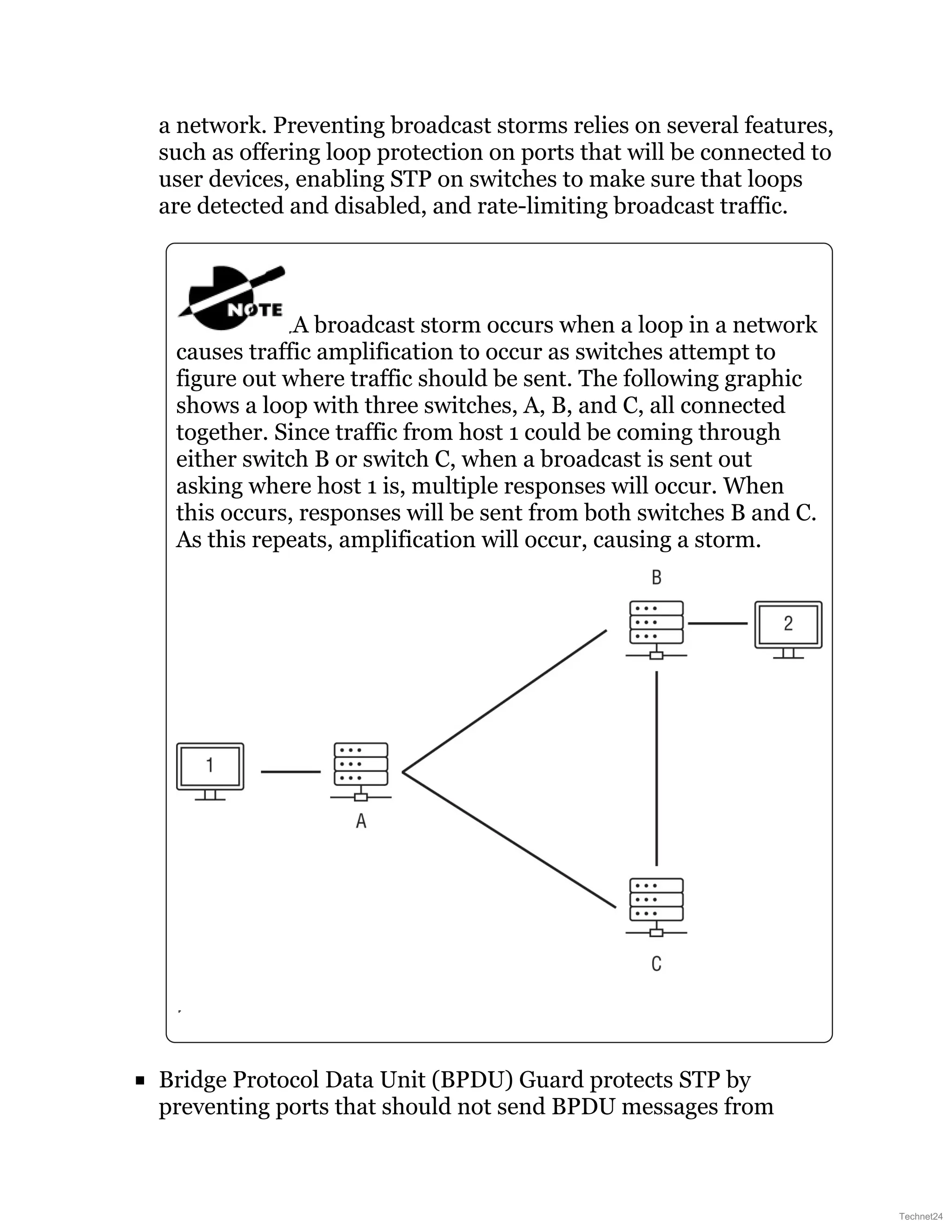 a network. Preventing broadcast storms relies on several features,
such as offering loop protection on ports that will be connected to
user devices, enabling STP on switches to make sure that loops
are detected and disabled, and rate-limiting broadcast traffic.
A broadcast storm occurs when a loop in a network
causes traffic amplification to occur as switches attempt to
figure out where traffic should be sent. The following graphic
shows a loop with three switches, A, B, and C, all connected
together. Since traffic from host 1 could be coming through
either switch B or switch C, when a broadcast is sent out
asking where host 1 is, multiple responses will occur. When
this occurs, responses will be sent from both switches B and C.
As this repeats, amplification will occur, causing a storm.
Bridge Protocol Data Unit (BPDU) Guard protects STP by
preventing ports that should not send BPDU messages from
Technet24
 