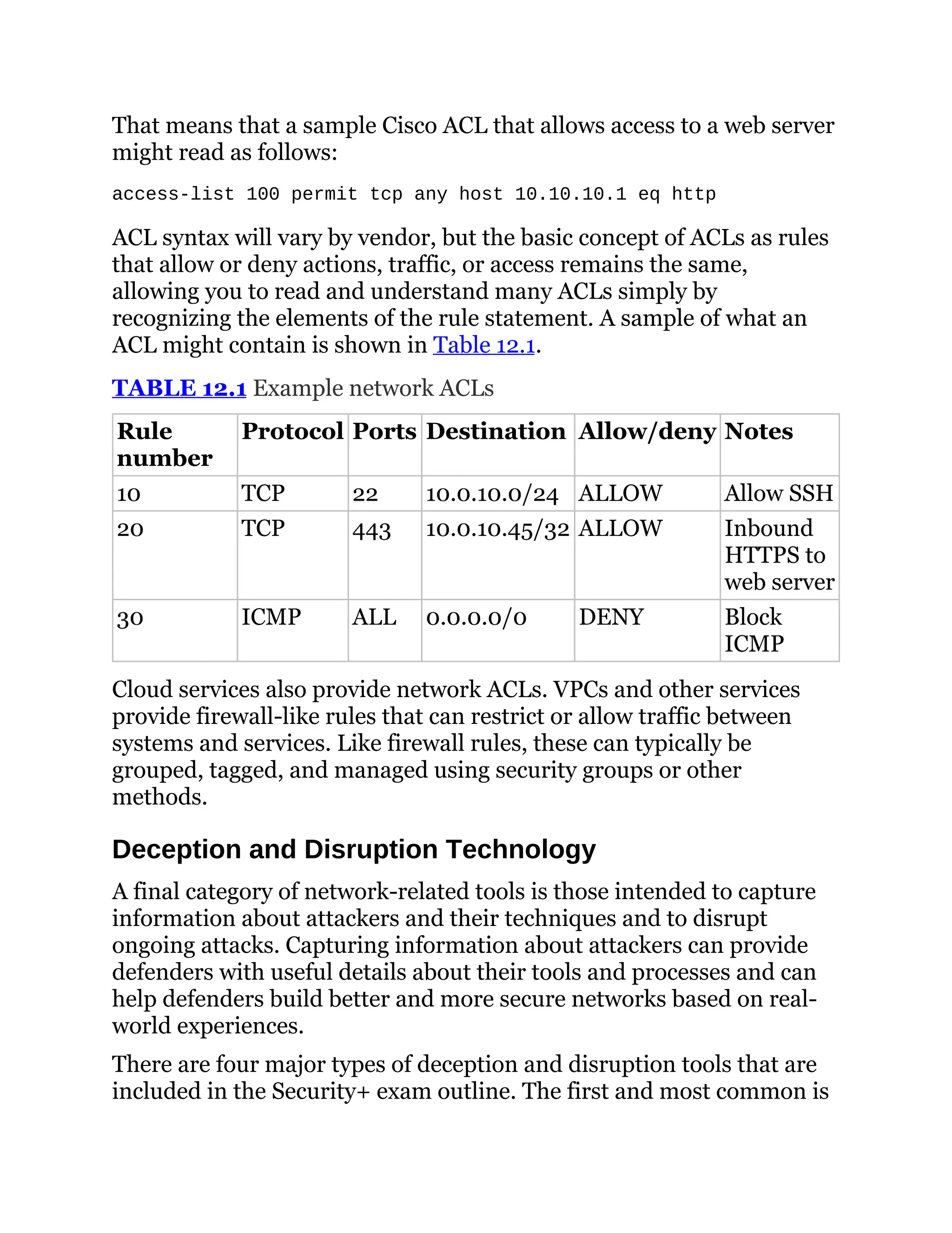That means that a sample Cisco ACL that allows access to a web server
might read as follows:
access-list 100 permit tcp any host 10.10.10.1 eq http
ACL syntax will vary by vendor, but the basic concept of ACLs as rules
that allow or deny actions, traffic, or access remains the same,
allowing you to read and understand many ACLs simply by
recognizing the elements of the rule statement. A sample of what an
ACL might contain is shown in Table 12.1.
TABLE 12.1 Example network ACLs
Rule
number
Protocol Ports Destination Allow/deny Notes
10 TCP 22 10.0.10.0/24 ALLOW Allow SSH
20 TCP 443 10.0.10.45/32 ALLOW Inbound
HTTPS to
web server
30 ICMP ALL 0.0.0.0/0 DENY Block
ICMP
Cloud services also provide network ACLs. VPCs and other services
provide firewall-like rules that can restrict or allow traffic between
systems and services. Like firewall rules, these can typically be
grouped, tagged, and managed using security groups or other
methods.
Deception and Disruption Technology
A final category of network-related tools is those intended to capture
information about attackers and their techniques and to disrupt
ongoing attacks. Capturing information about attackers can provide
defenders with useful details about their tools and processes and can
help defenders build better and more secure networks based on real-
world experiences.
There are four major types of deception and disruption tools that are
included in the Security+ exam outline. The first and most common is
 