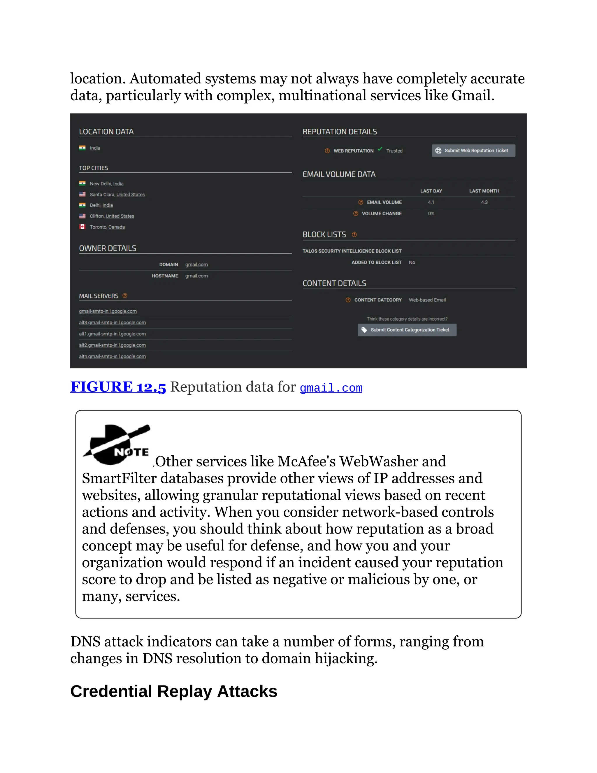 location. Automated systems may not always have completely accurate
data, particularly with complex, multinational services like Gmail.
FIGURE 12.5 Reputation data for gmail.com
Other services like McAfee's WebWasher and
SmartFilter databases provide other views of IP addresses and
websites, allowing granular reputational views based on recent
actions and activity. When you consider network-based controls
and defenses, you should think about how reputation as a broad
concept may be useful for defense, and how you and your
organization would respond if an incident caused your reputation
score to drop and be listed as negative or malicious by one, or
many, services.
DNS attack indicators can take a number of forms, ranging from
changes in DNS resolution to domain hijacking.
Credential Replay Attacks
 
