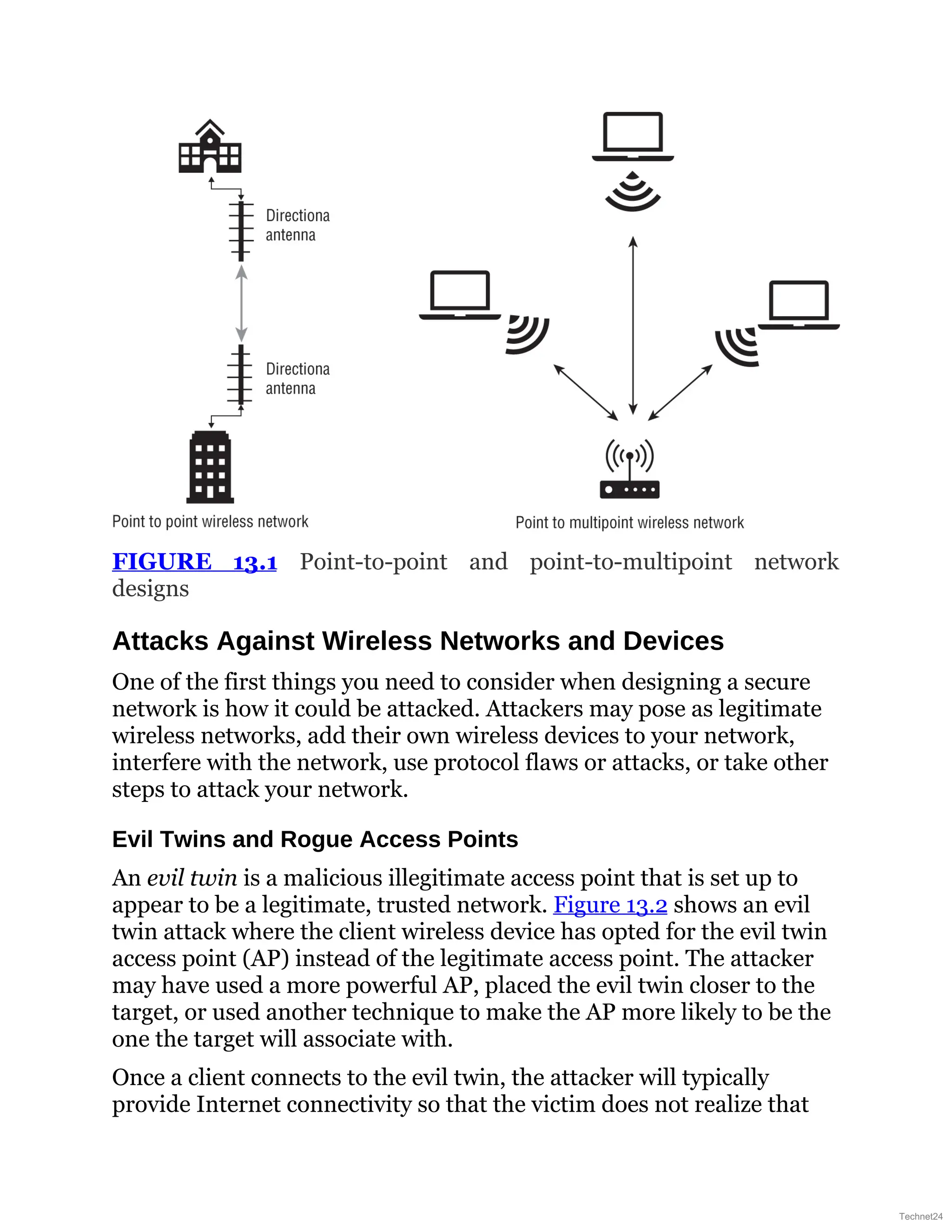 FIGURE 13.1 Point-to-point and point-to-multipoint network
designs
Attacks Against Wireless Networks and Devices
One of the first things you need to consider when designing a secure
network is how it could be attacked. Attackers may pose as legitimate
wireless networks, add their own wireless devices to your network,
interfere with the network, use protocol flaws or attacks, or take other
steps to attack your network.
Evil Twins and Rogue Access Points
An evil twin is a malicious illegitimate access point that is set up to
appear to be a legitimate, trusted network. Figure 13.2 shows an evil
twin attack where the client wireless device has opted for the evil twin
access point (AP) instead of the legitimate access point. The attacker
may have used a more powerful AP, placed the evil twin closer to the
target, or used another technique to make the AP more likely to be the
one the target will associate with.
Once a client connects to the evil twin, the attacker will typically
provide Internet connectivity so that the victim does not realize that
Technet24
 