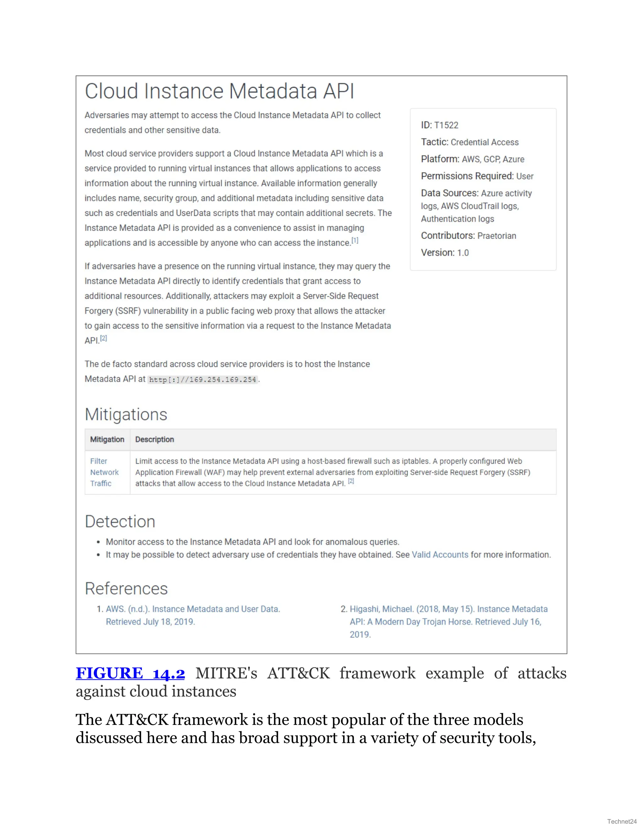 FIGURE 14.2 MITRE's ATT&CK framework example of attacks
against cloud instances
The ATT&CK framework is the most popular of the three models
discussed here and has broad support in a variety of security tools,
Technet24
 