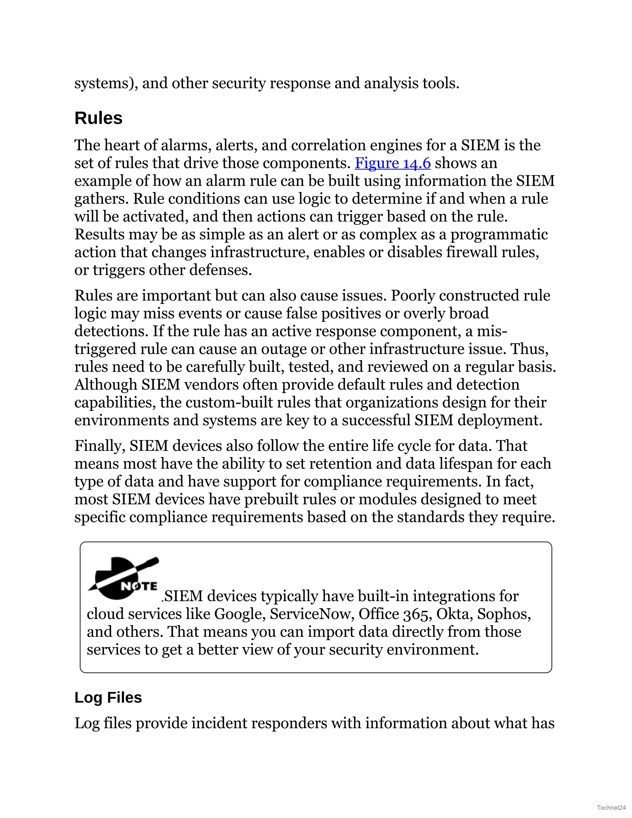 systems), and other security response and analysis tools.
Rules
The heart of alarms, alerts, and correlation engines for a SIEM is the
set of rules that drive those components. Figure 14.6 shows an
example of how an alarm rule can be built using information the SIEM
gathers. Rule conditions can use logic to determine if and when a rule
will be activated, and then actions can trigger based on the rule.
Results may be as simple as an alert or as complex as a programmatic
action that changes infrastructure, enables or disables firewall rules,
or triggers other defenses.
Rules are important but can also cause issues. Poorly constructed rule
logic may miss events or cause false positives or overly broad
detections. If the rule has an active response component, a mis-
triggered rule can cause an outage or other infrastructure issue. Thus,
rules need to be carefully built, tested, and reviewed on a regular basis.
Although SIEM vendors often provide default rules and detection
capabilities, the custom-built rules that organizations design for their
environments and systems are key to a successful SIEM deployment.
Finally, SIEM devices also follow the entire life cycle for data. That
means most have the ability to set retention and data lifespan for each
type of data and have support for compliance requirements. In fact,
most SIEM devices have prebuilt rules or modules designed to meet
specific compliance requirements based on the standards they require.
SIEM devices typically have built-in integrations for
cloud services like Google, ServiceNow, Office 365, Okta, Sophos,
and others. That means you can import data directly from those
services to get a better view of your security environment.
Log Files
Log files provide incident responders with information about what has
Technet24
 