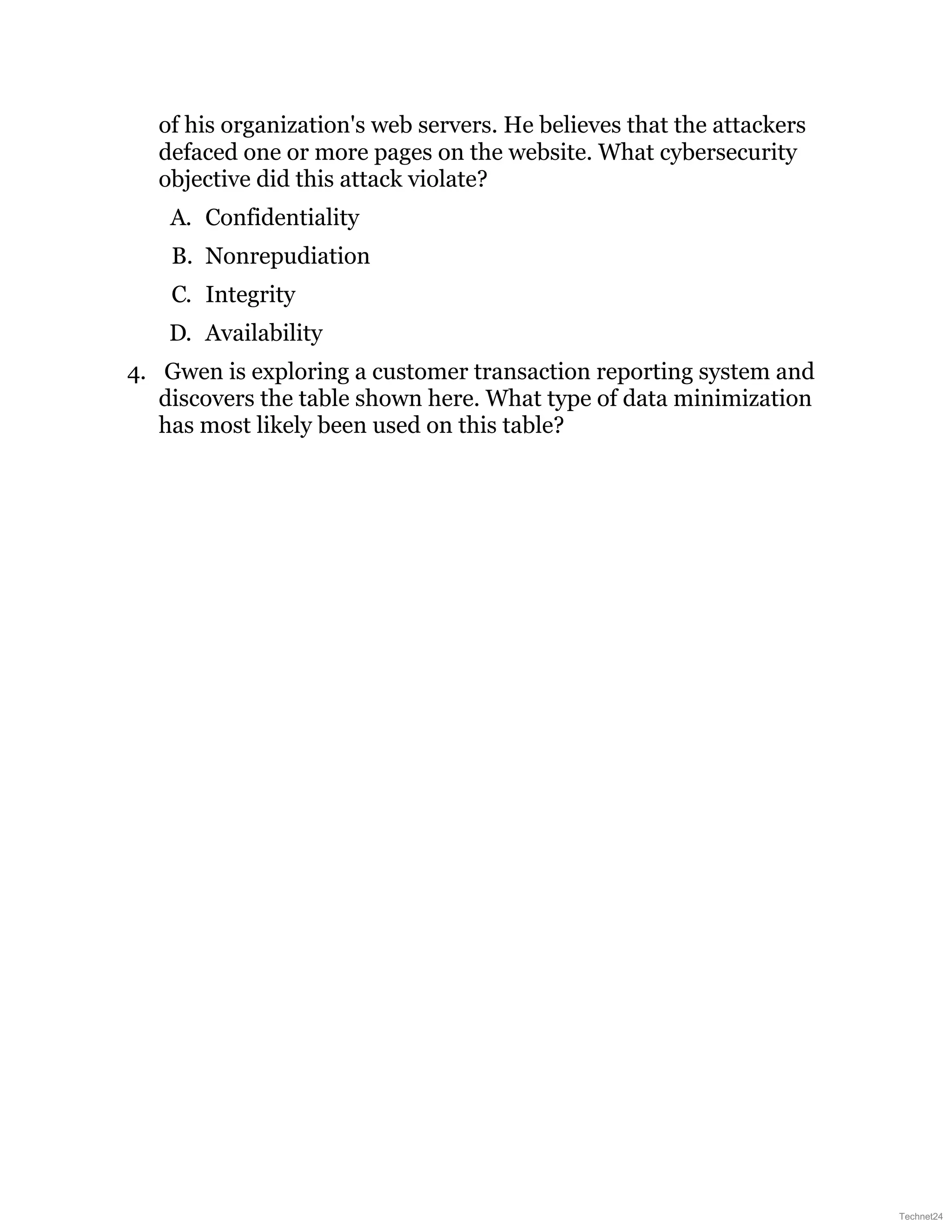 of his organization's web servers. He believes that the attackers
defaced one or more pages on the website. What cybersecurity
objective did this attack violate?
A. Confidentiality
B. Nonrepudiation
C. Integrity
D. Availability
4. Gwen is exploring a customer transaction reporting system and
discovers the table shown here. What type of data minimization
has most likely been used on this table?
Technet24
 