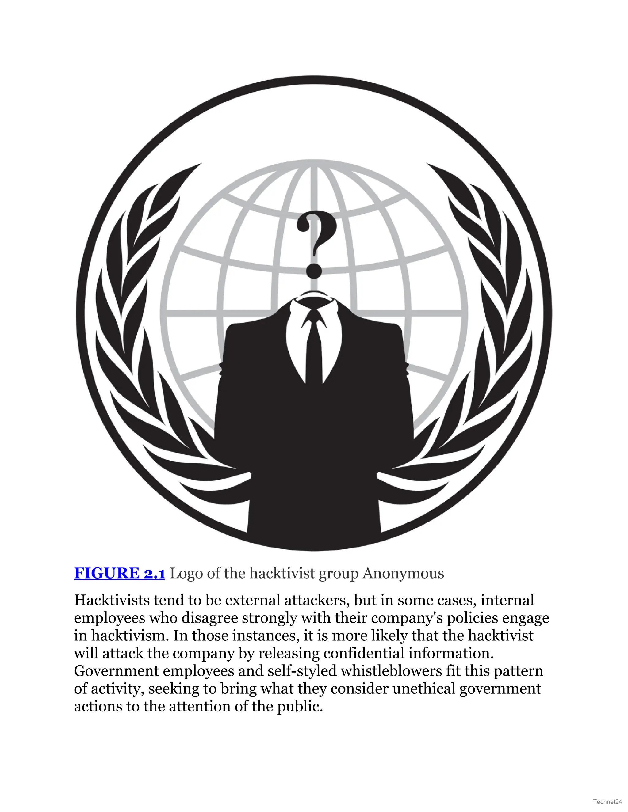FIGURE 2.1 Logo of the hacktivist group Anonymous
Hacktivists tend to be external attackers, but in some cases, internal
employees who disagree strongly with their company's policies engage
in hacktivism. In those instances, it is more likely that the hacktivist
will attack the company by releasing confidential information.
Government employees and self-styled whistleblowers fit this pattern
of activity, seeking to bring what they consider unethical government
actions to the attention of the public.
Technet24
 