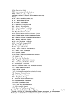 CompTIA Security+ Certification Exam Objectives v. 7 20 of 24
Copyright 2013 by the Computing Technology Industry Association. All rights reserved.
The CompTIA Security+ Certification Exam Objectives are subject to change without notice.
MITM – Man-in-the-Middle
MOU – Memorandum of Understanding
MPLS – Multi-Protocol Layer Switch
MSCHAP – Microsoft Challenge Handshake Authentication
Protocol
MTBF – Mean Time Between Failures
MTTR – Mean Time to Recover
MTTF – Mean Time to Failure
MTU - Maximum Transmission Unit
NAC – Network Access Control
NAT – Network Address Translation
NDA – Non-Disclosure Agreement
NFC– Near Field Communication
NIDS – Network Based Intrusion Detection System
NIPS – Network Based Intrusion Prevention System
NIST – National Institute of Standards & Technology
NOS – Network Operating System
NTFS - New Technology File System
NTLM – New Technology LANMAN
NTP - Network Time Protocol
OAUTH – Open Authorization
OCSP – Online Certificate Status Protocol
OLA – Open License Agreement
OS – Operating System
OVAL – Open Vulnerability Assessment Language
P2P – Peer to Peer
PAC– Proxy Auto Configuration
PAM – Pluggable Authentication Modules
PAP – Password Authentication Protocol
PAT - Port Address Translation
PBKDF2 – Password Based Key Derivation Function 2
PBX – Private Branch Exchange
PCAP – Packet Capture
PEAP – Protected Extensible Authentication Protocol
PED - Personal Electronic Device
PFS – Perfect Forward Secrecy
PGP – Pretty Good Privacy
PII – Personally Identifiable Information
PIV – Personal Identity Verification
PKI – Public Key Infrastructure
POTS – Plain Old Telephone Service
PPP - Point-to-point Protocol
PPTP – Point to Point Tunneling Protocol
 