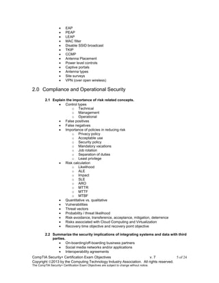 CompTIA Security+ Certification Exam Objectives v. 7 5 of 24
Copyright 2013 by the Computing Technology Industry Association. All rights reserved.
The CompTIA Security+ Certification Exam Objectives are subject to change without notice.
 EAP
 PEAP
 LEAP
 MAC filter
 Disable SSID broadcast
 TKIP
 CCMP
 Antenna Placement
 Power level controls
 Captive portals
 Antenna types
 Site surveys
 VPN (over open wireless)
2.0 Compliance and Operational Security
2.1 Explain the importance of risk related concepts.
 Control types
o Technical
o Management
o Operational
 False positives
 False negatives
 Importance of policies in reducing risk
o Privacy policy
o Acceptable use
o Security policy
o Mandatory vacations
o Job rotation
o Separation of duties
o Least privilege
 Risk calculation
o Likelihood
o ALE
o Impact
o SLE
o ARO
o MTTR
o MTTF
o MTBF
 Quantitative vs. qualitative
 Vulnerabilities
 Threat vectors
 Probability / threat likelihood
 Risk-avoidance, transference, acceptance, mitigation, deterrence
 Risks associated with Cloud Computing and Virtualization
 Recovery time objective and recovery point objective
2.2 Summarize the security implications of integrating systems and data with third
parties.
 On-boarding/off-boarding business partners
 Social media networks and/or applications
 Interoperability agreements
 